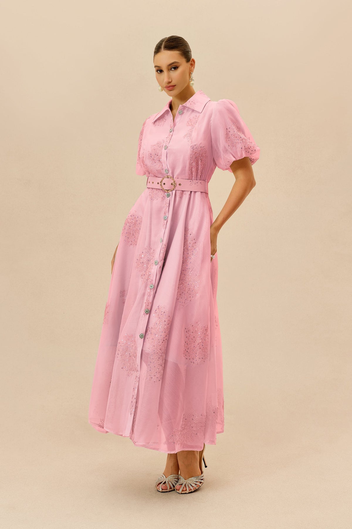 Pink Sequined Floral Embroidered Belted Short Puff-Sleeve Maxi Dress