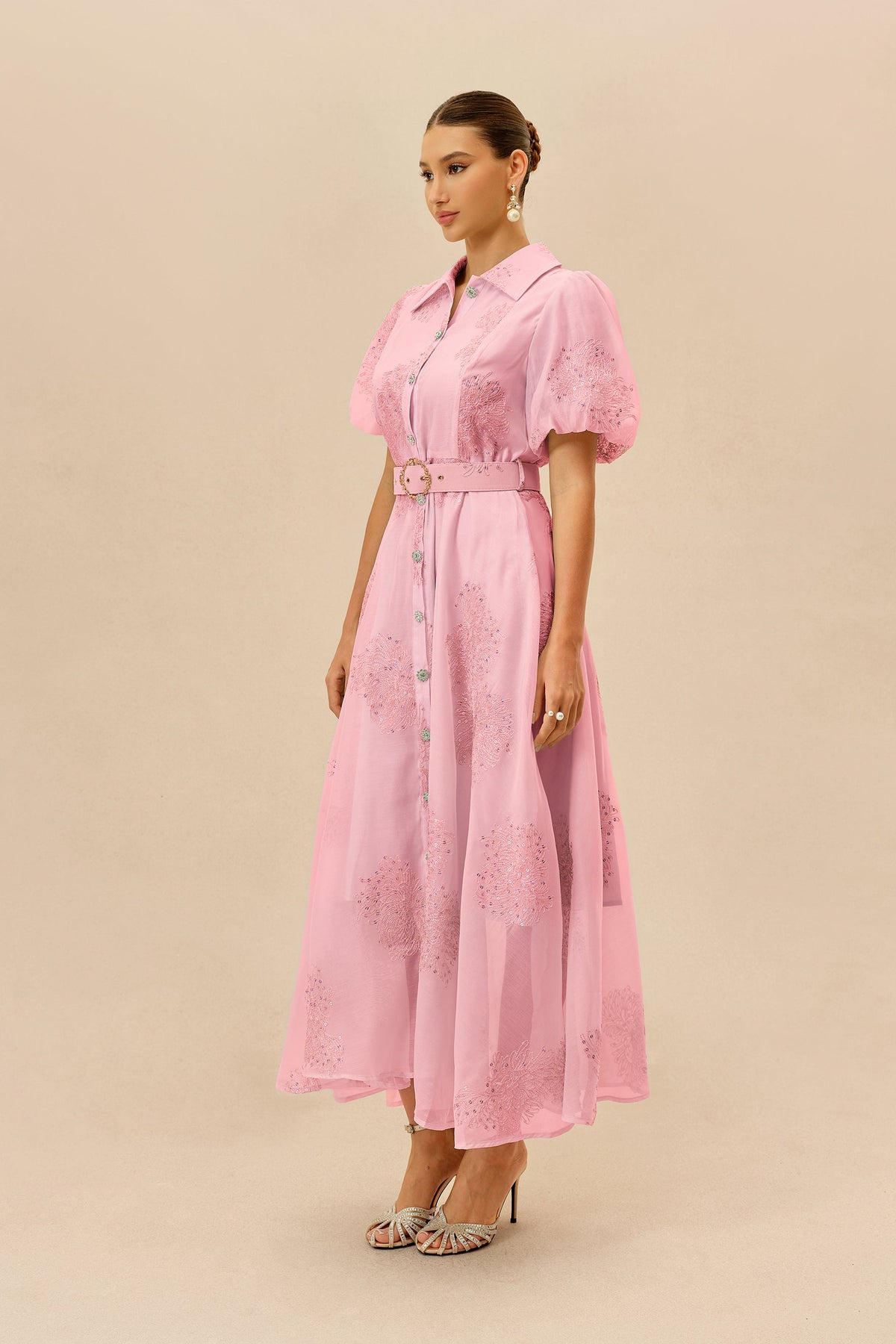 Pink Sequined Floral Embroidered Belted Short Puff-Sleeve Maxi Dress