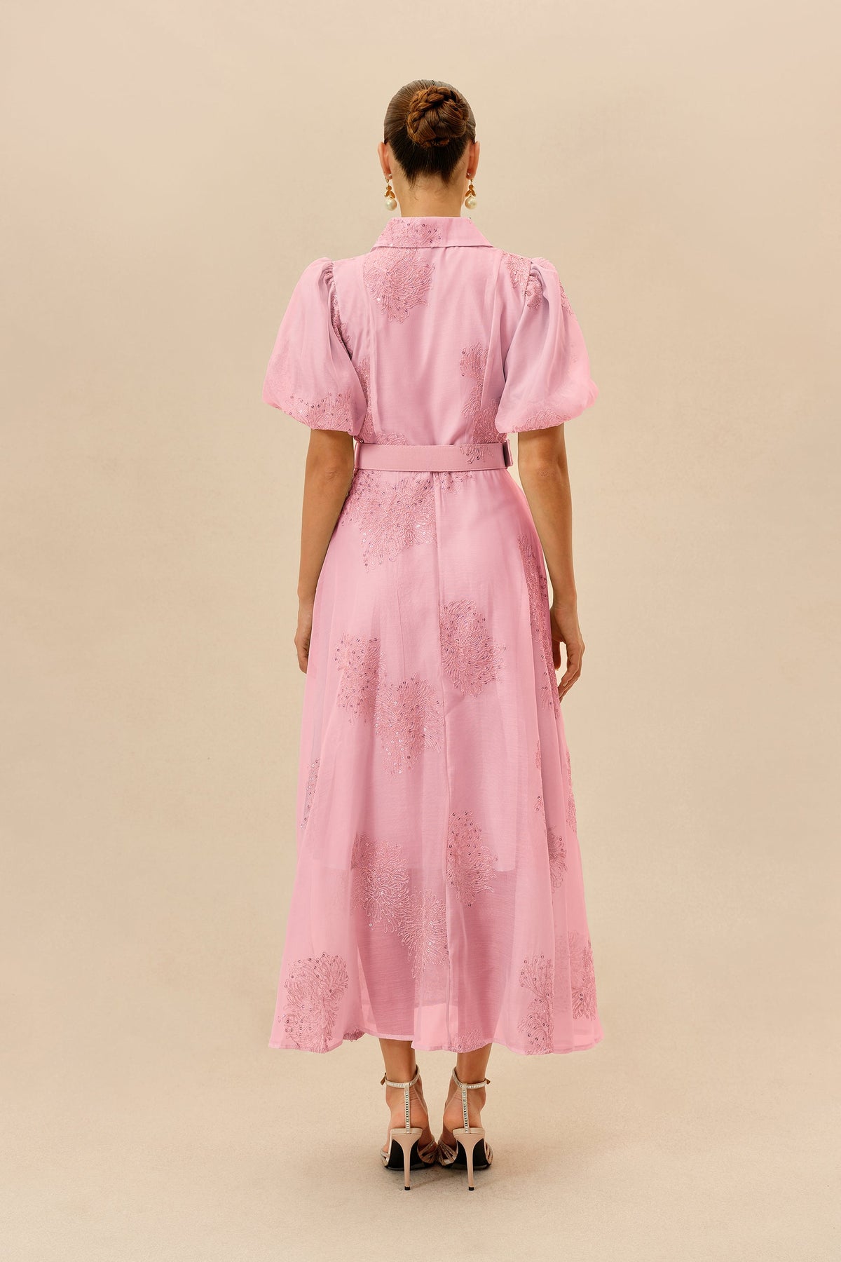 Pink Sequined Floral Embroidered Belted Short Puff-Sleeve Maxi Dress