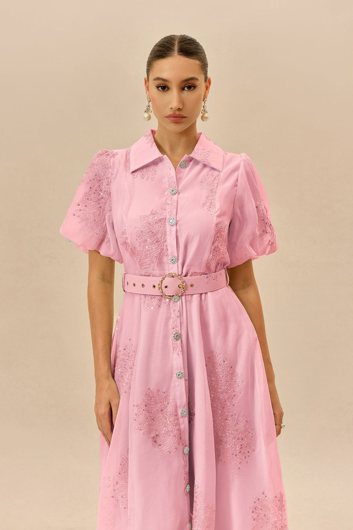Pink Sequined Floral Embroidered Belted Short Puff-Sleeve Maxi Dress
