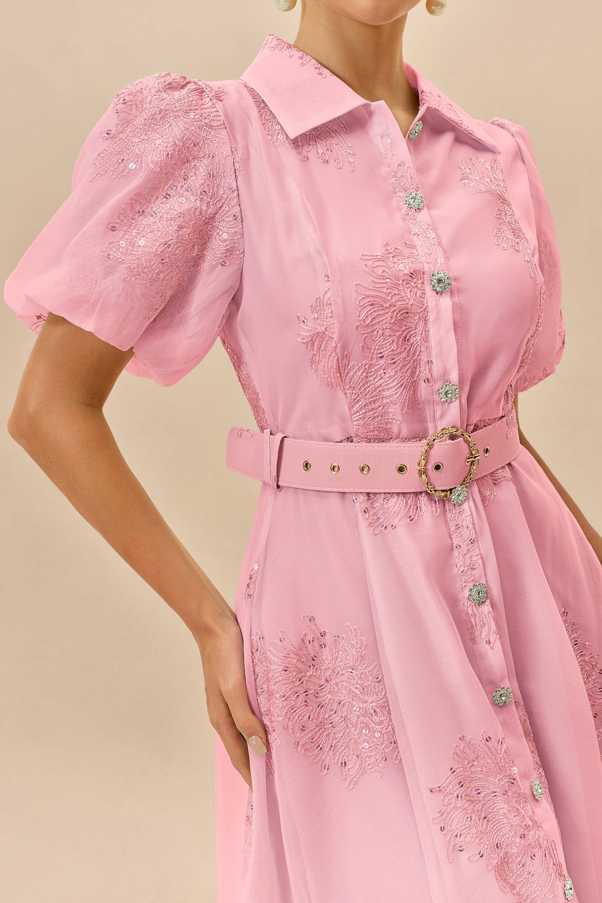 Pink Sequined Floral Embroidered Belted Short Puff-Sleeve Maxi Dress