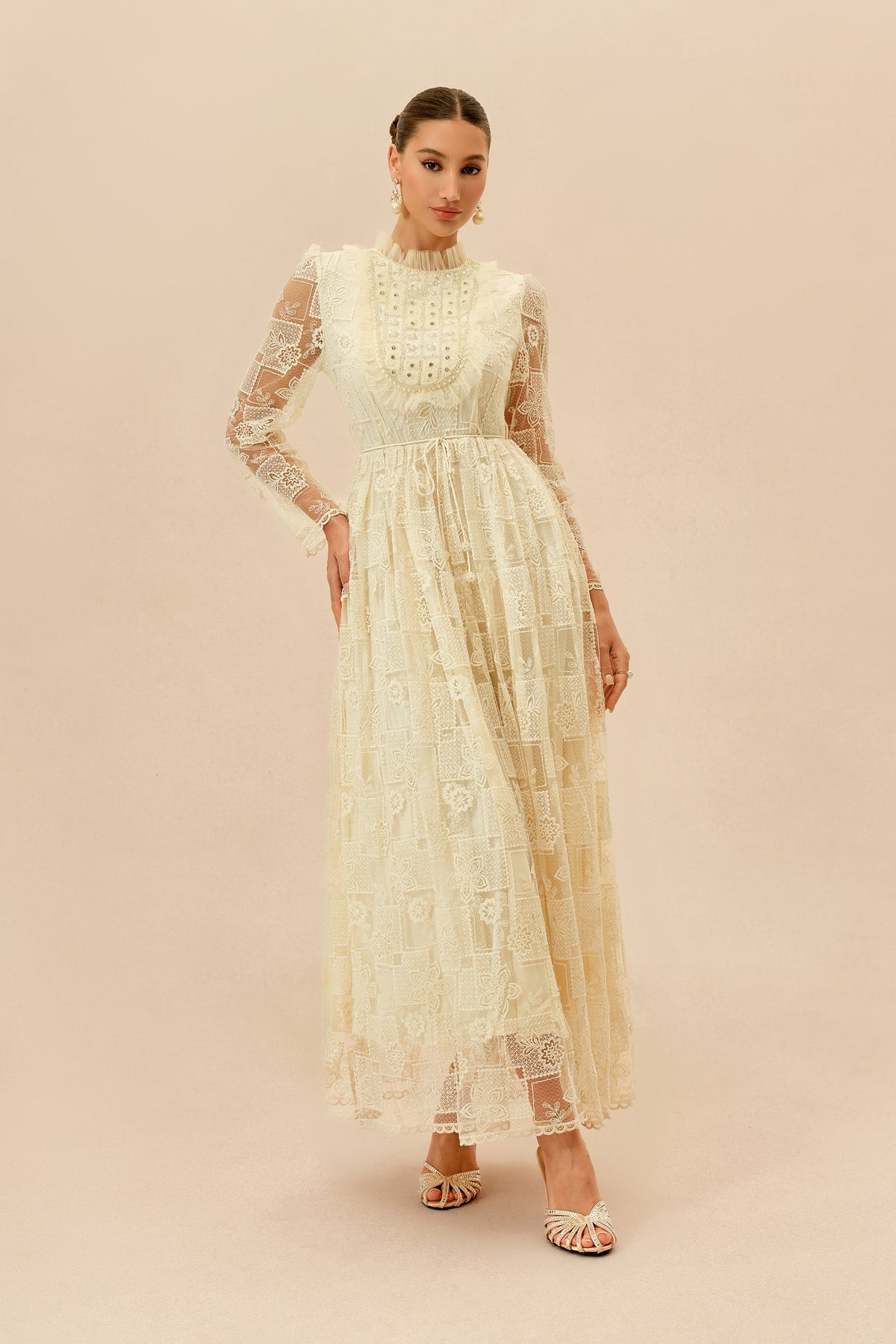 Beige Floral Lace Beaded Belted Long-Sleeve Wedding Guest Maxi Dress