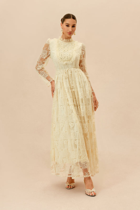 Beige Floral Lace Beaded Belted Long-Sleeve Wedding Guest Maxi Dress