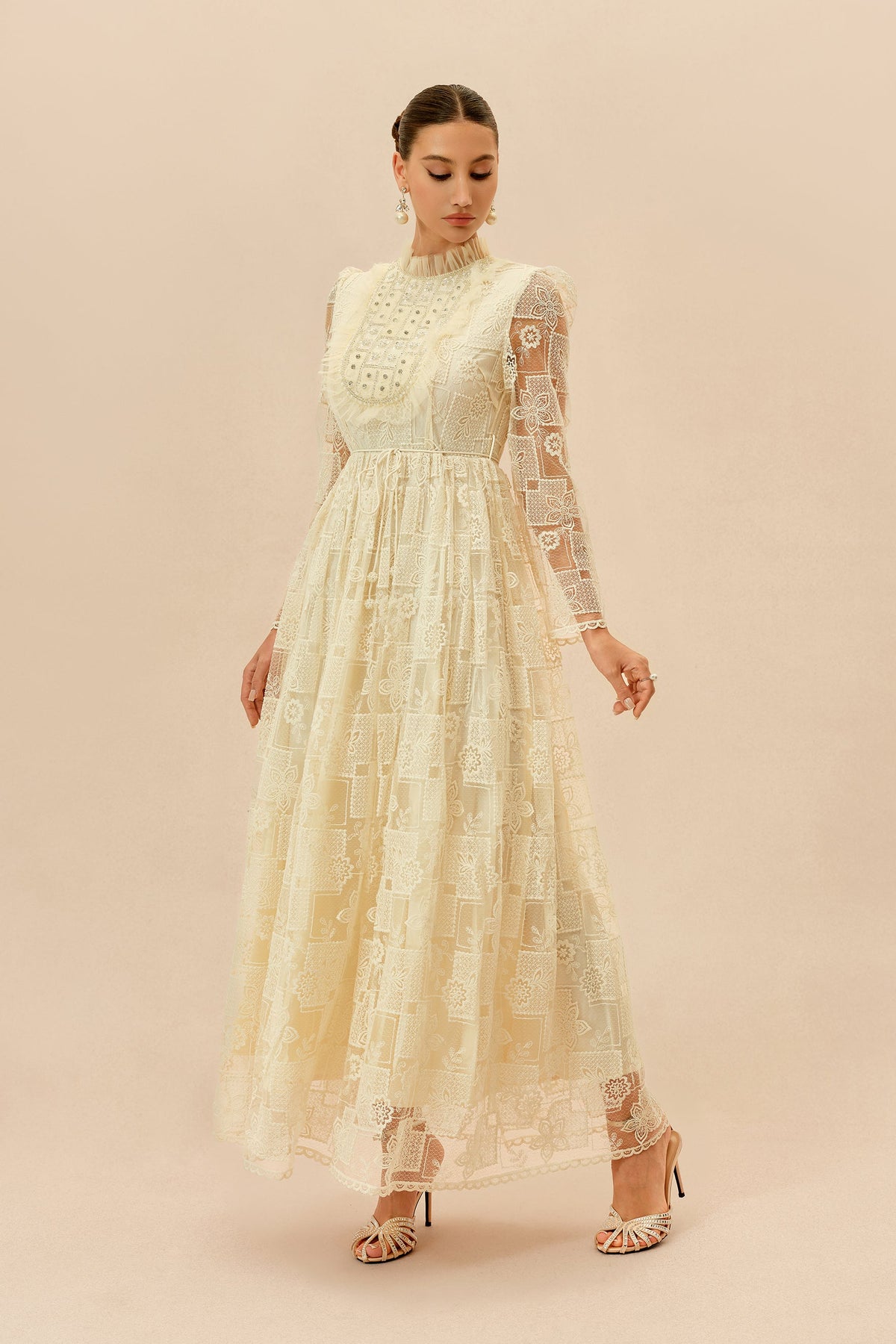 Beige Floral Lace Beaded Belted Long-Sleeve Wedding Guest Maxi Dress
