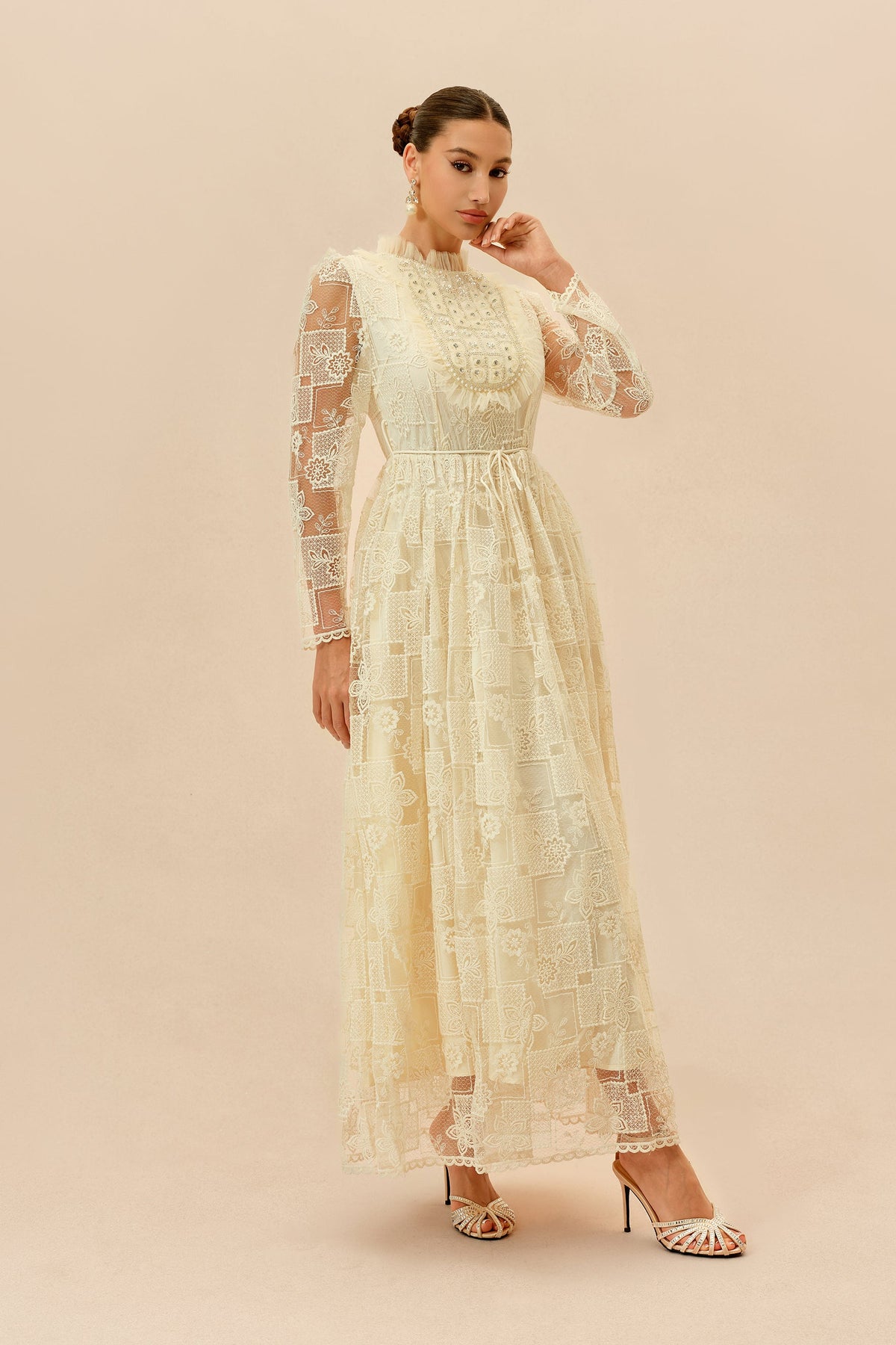 Beige Floral Lace Beaded Belted Long-Sleeve Wedding Guest Maxi Dress