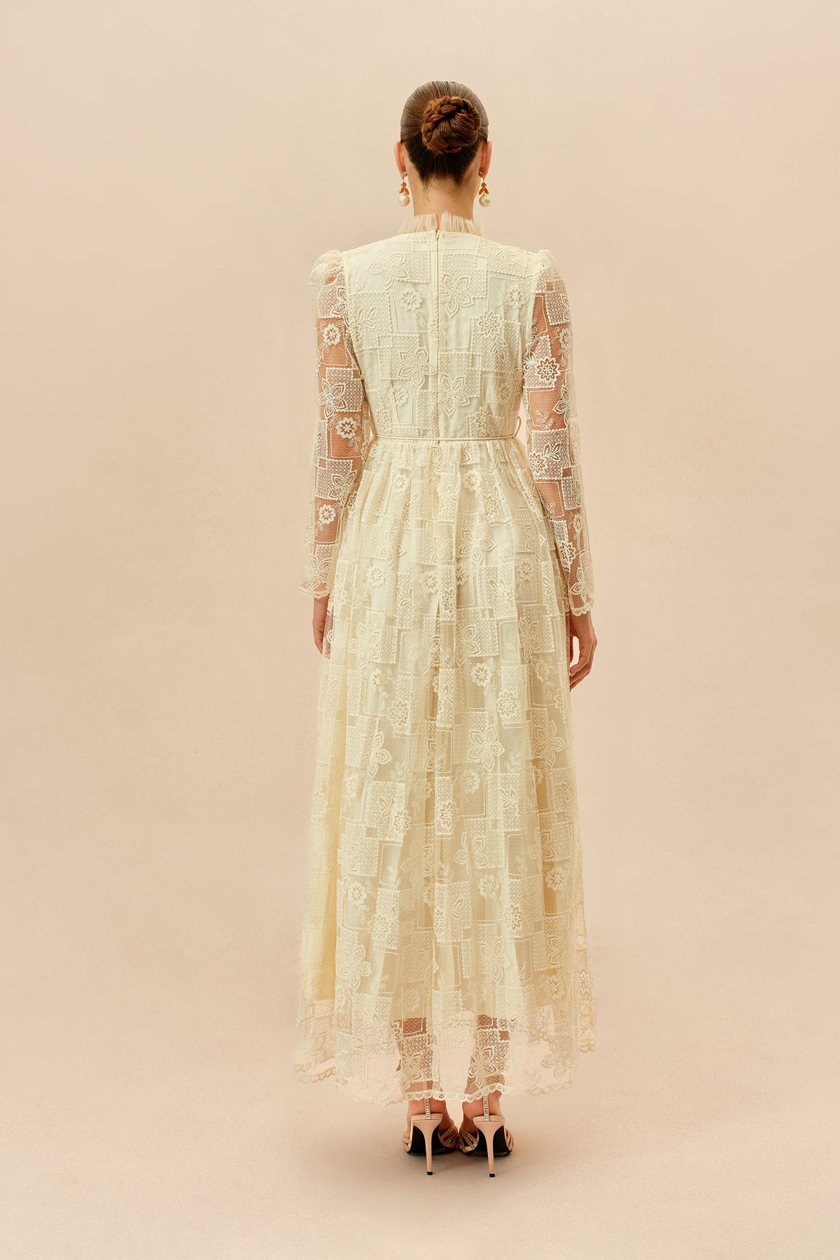 Beige Floral Lace Beaded Belted Long-Sleeve Wedding Guest Maxi Dress