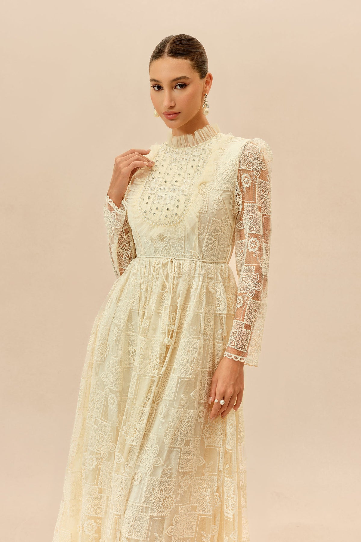 Beige Floral Lace Beaded Belted Long-Sleeve Wedding Guest Maxi Dress