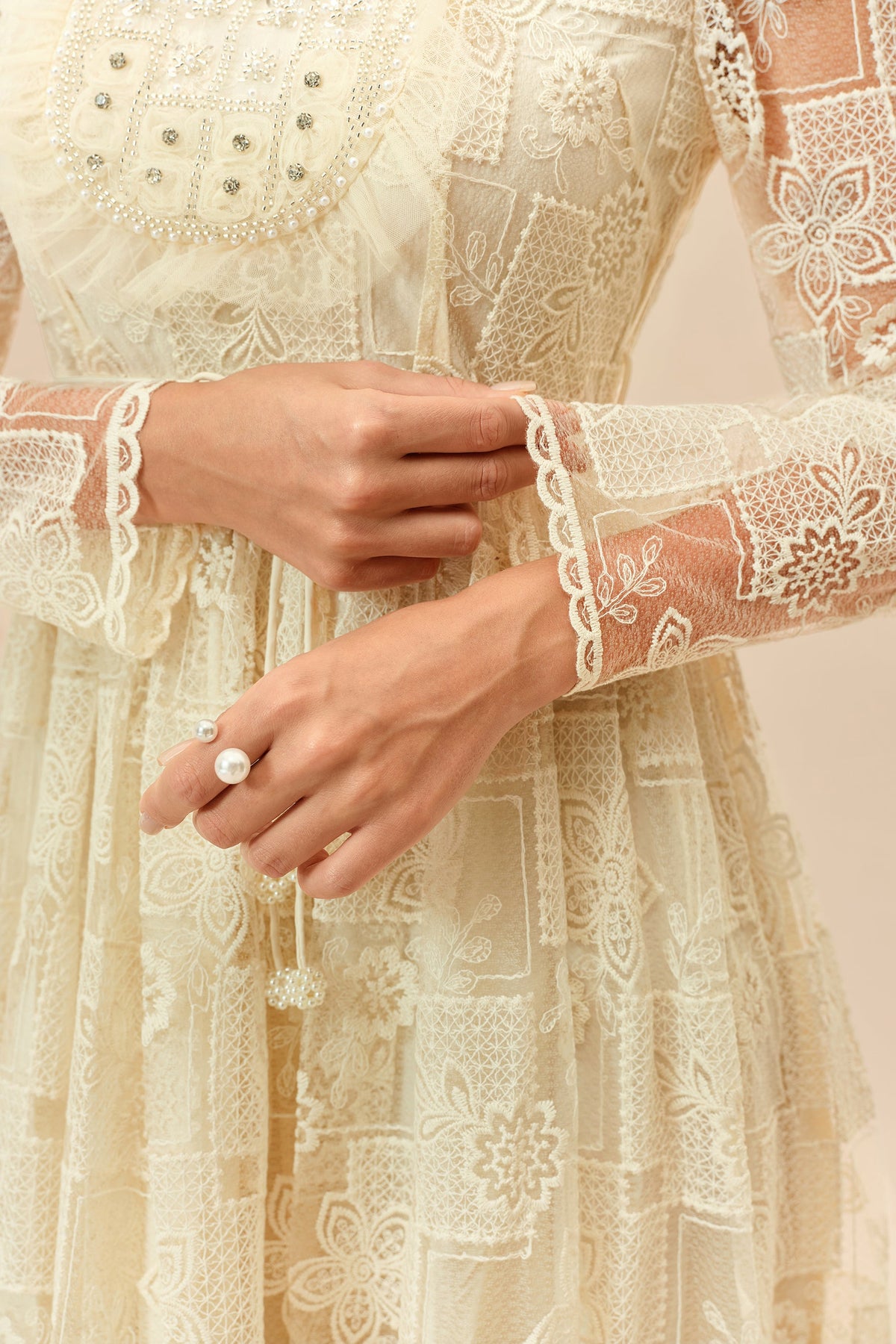 Beige Floral Lace Beaded Belted Long-Sleeve Wedding Guest Maxi Dress