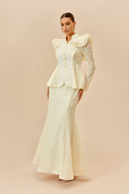 Beige Floral Embroidered Lace Ruffle Long-Sleeve Mermaid Top & Maxi Skirt Set