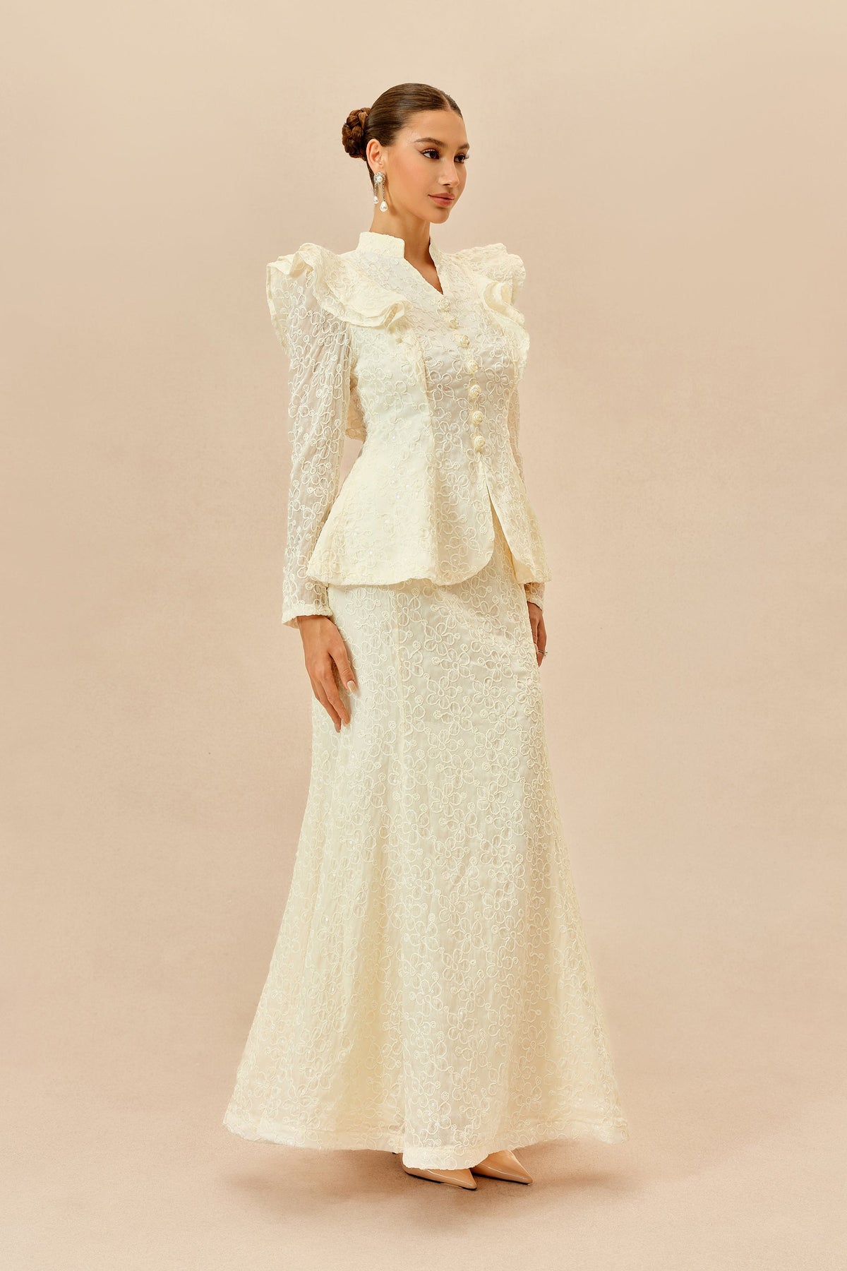 Beige Floral Embroidered Lace Ruffle Long-Sleeve Mermaid Top & Maxi Skirt Set