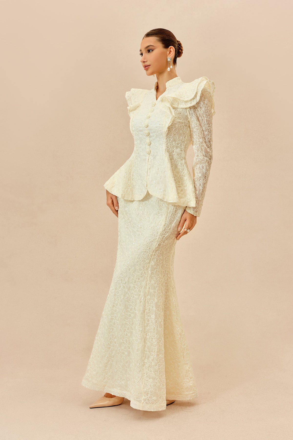 Beige Floral Embroidered Lace Ruffle Long-Sleeve Mermaid Top & Maxi Skirt Set