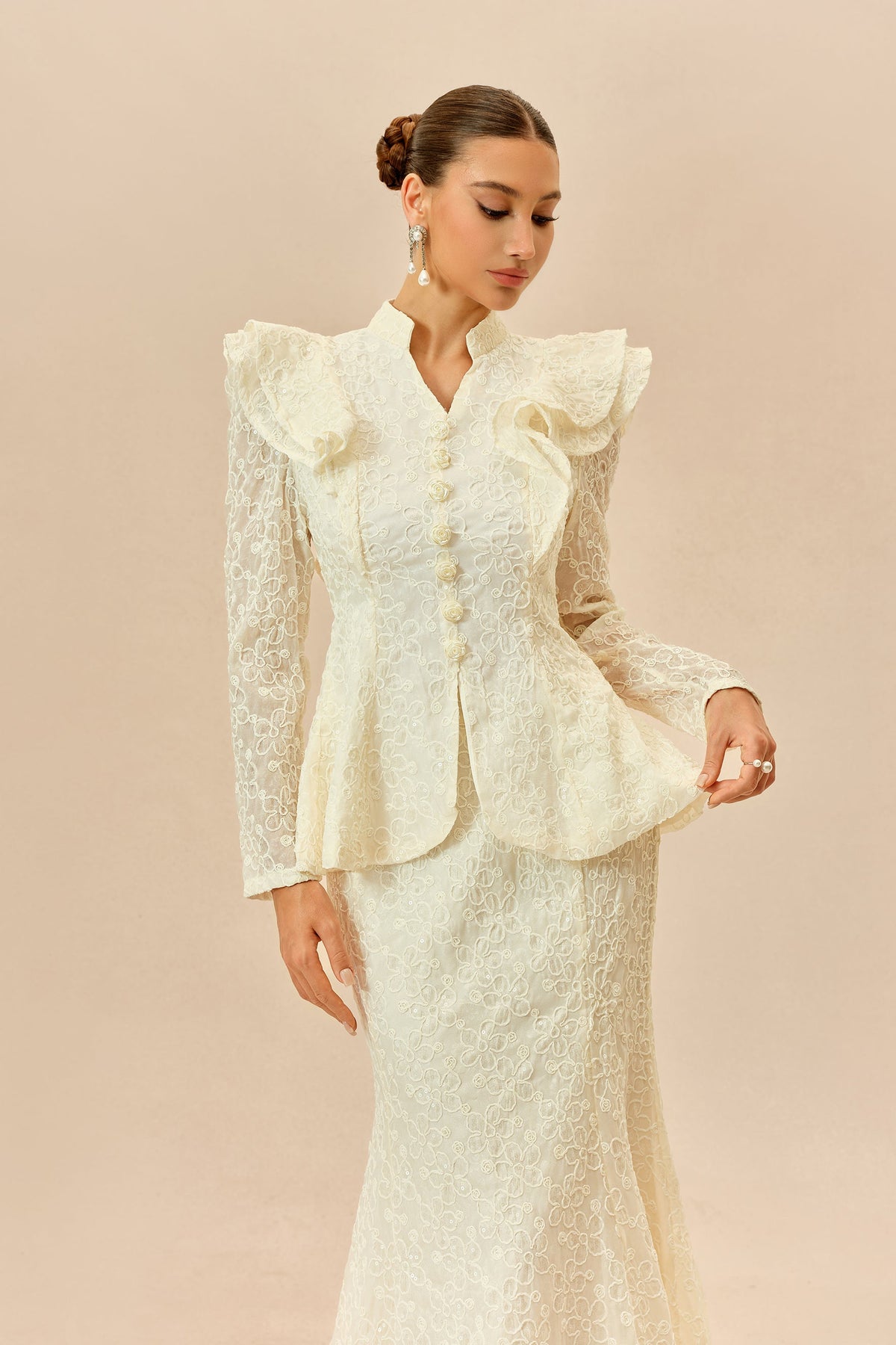 Beige Floral Embroidered Lace Ruffle Long-Sleeve Mermaid Top & Maxi Skirt Set
