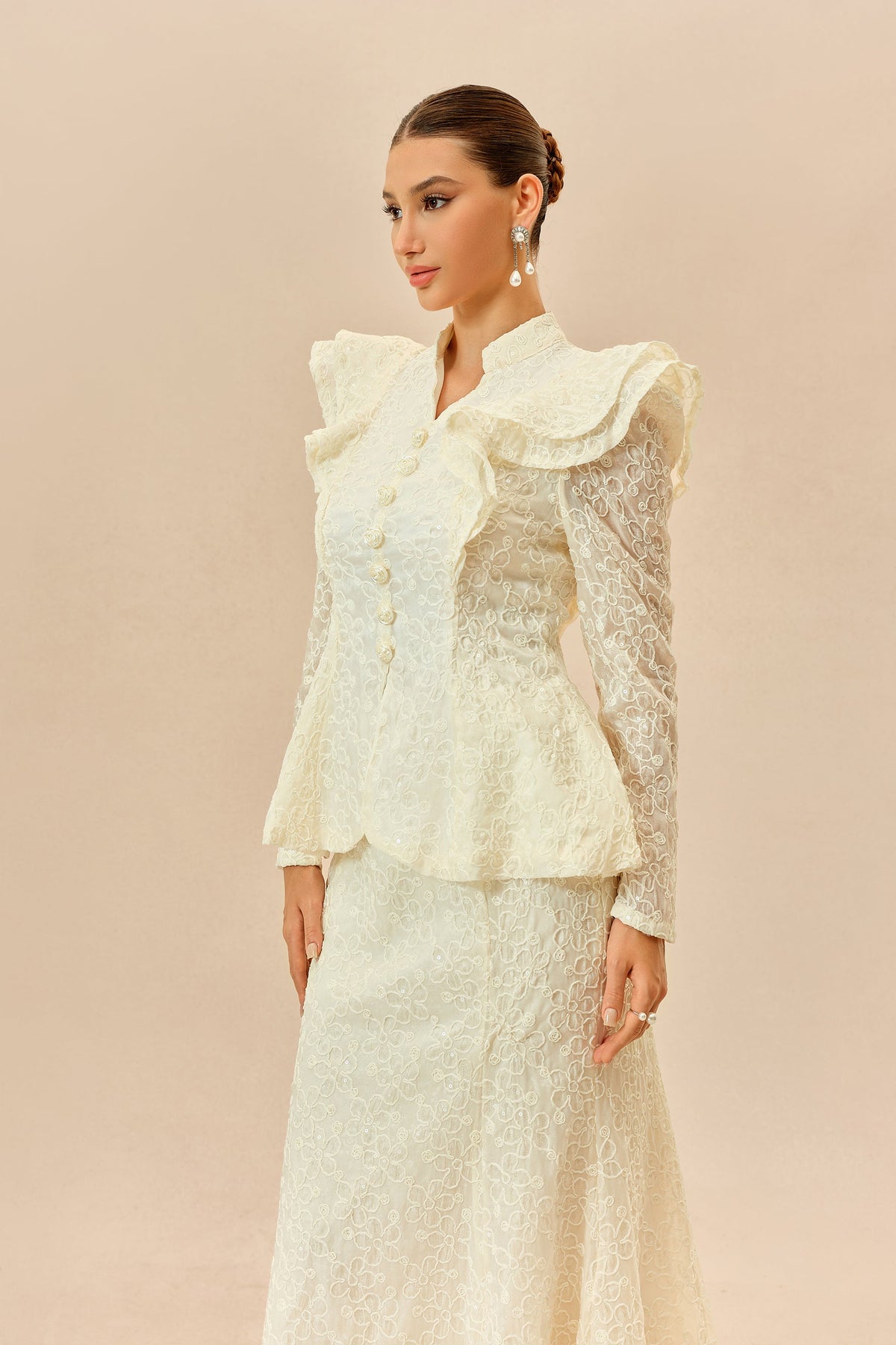 Beige Floral Embroidered Lace Ruffle Long-Sleeve Mermaid Top & Maxi Skirt Set