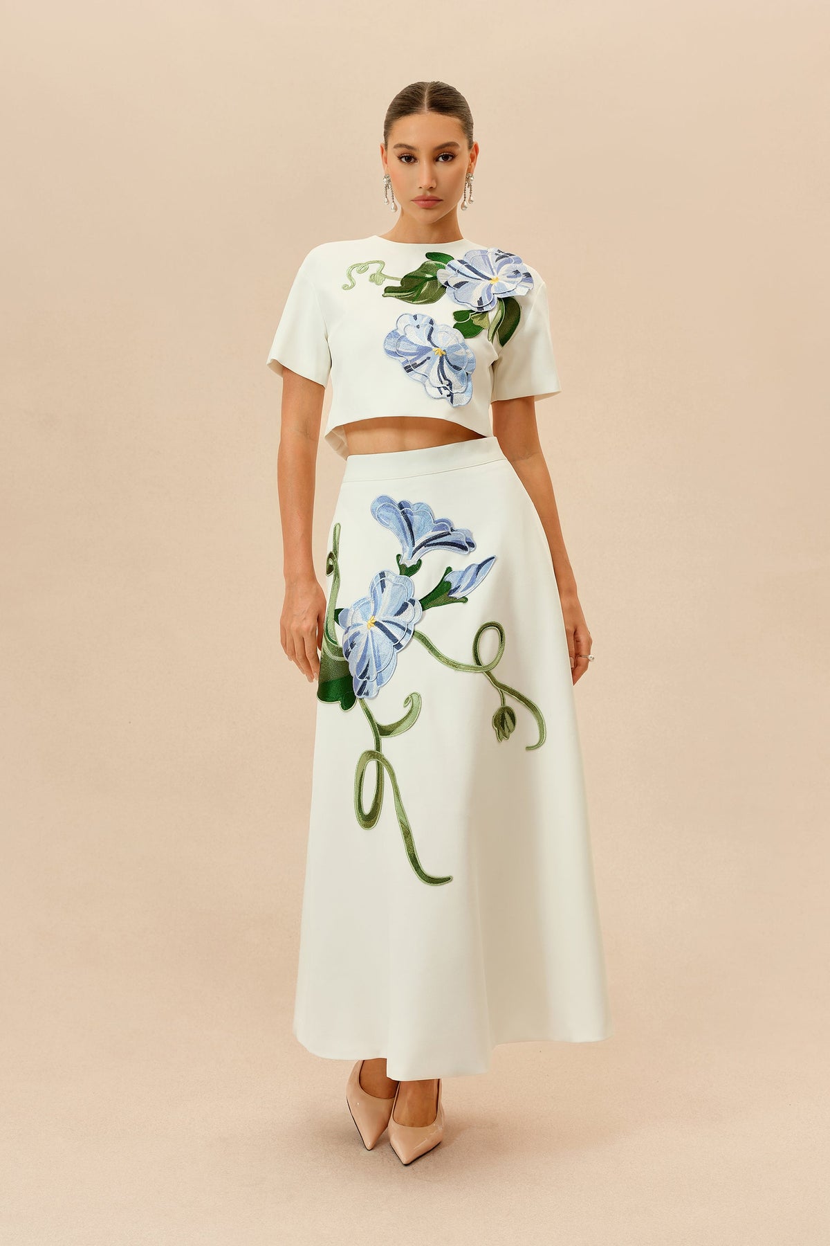 White Floral Appliqué Short-Sleeve Formal Cropped Top & Maxi Skirt Set