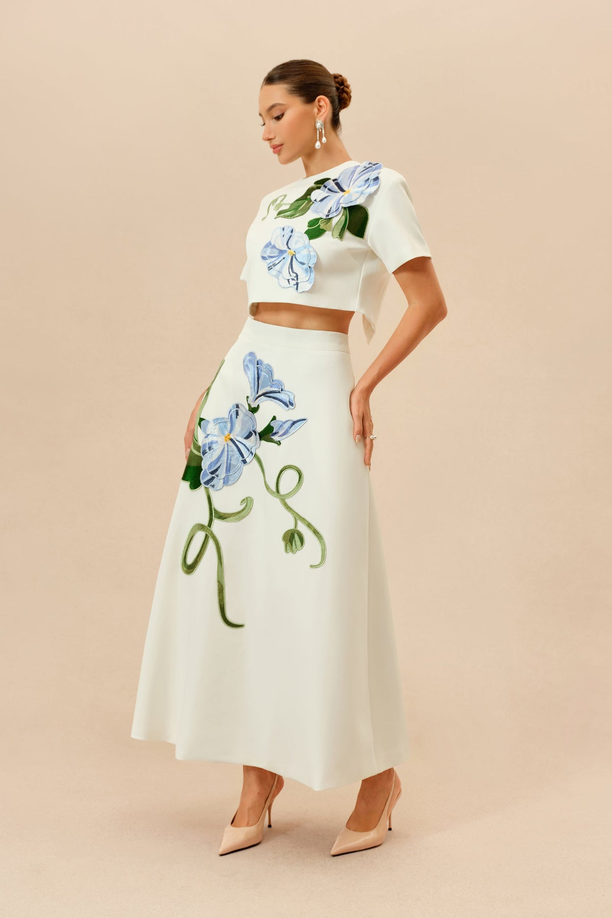 White Floral Appliqué Short-Sleeve Formal Cropped Top & Maxi Skirt Set