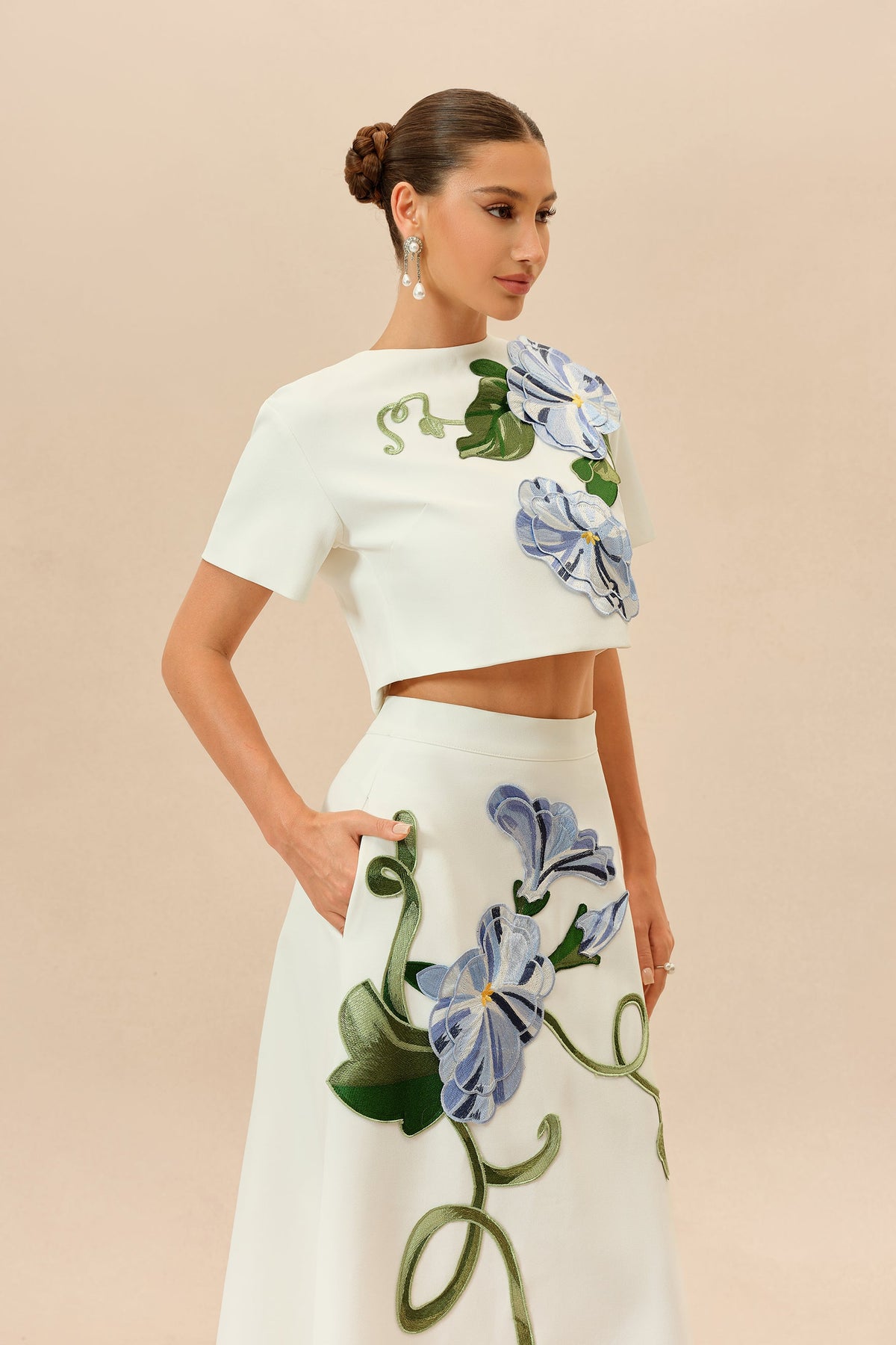 White Floral Appliqué Short-Sleeve Formal Cropped Top & Maxi Skirt Set