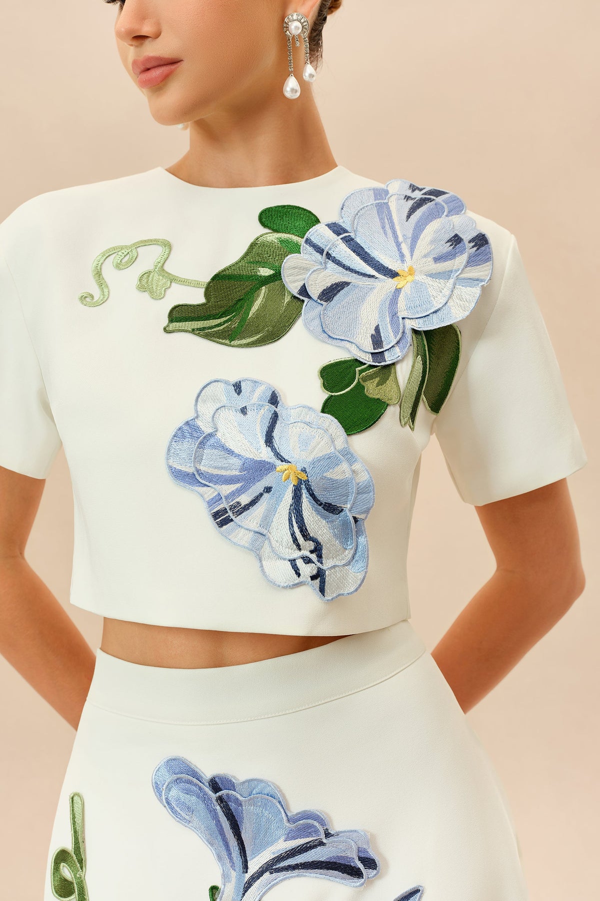 White Floral Appliqué Short-Sleeve Formal Cropped Top & Maxi Skirt Set