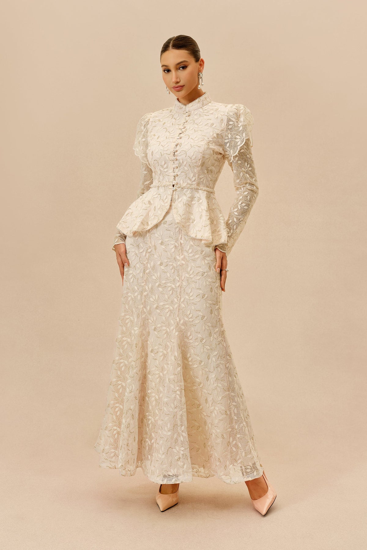 Apricot Lace Ruffle Peplum Long-Sleeve Top & Mermaid Maxi Skirt Set