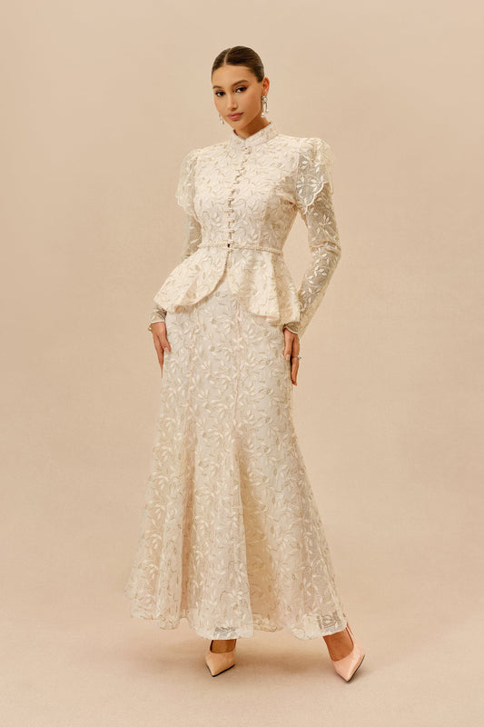Apricot Lace Ruffle Peplum Long-Sleeve Top & Mermaid Maxi Skirt Set
