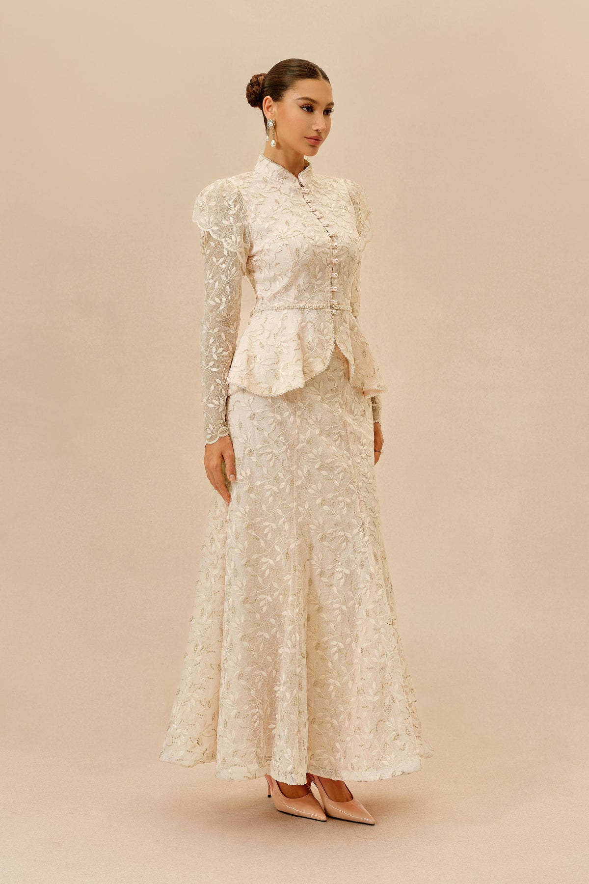 Apricot Lace Ruffle Peplum Long-Sleeve Top & Mermaid Maxi Skirt Set