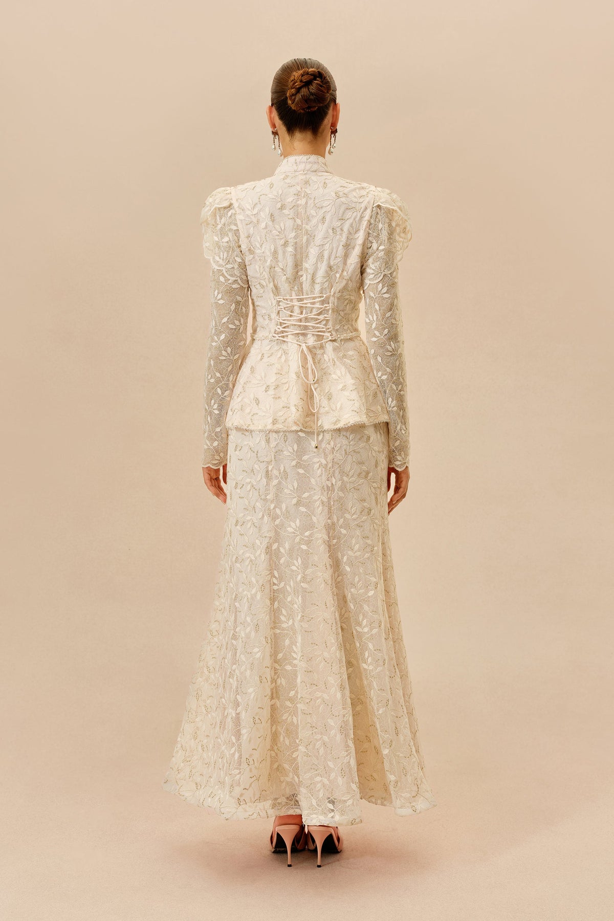 Apricot Lace Ruffle Peplum Long-Sleeve Top & Mermaid Maxi Skirt Set