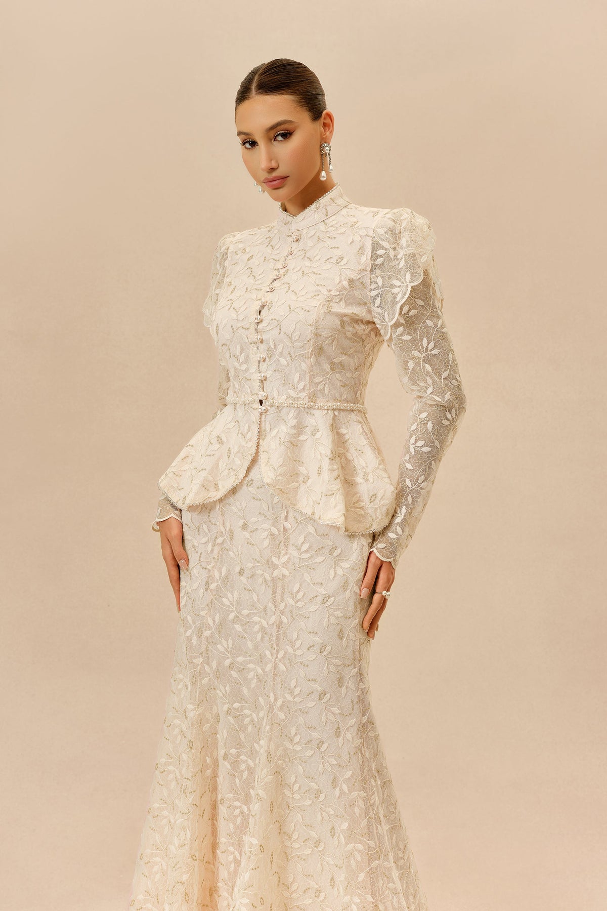 Apricot Lace Ruffle Peplum Long-Sleeve Top & Mermaid Maxi Skirt Set