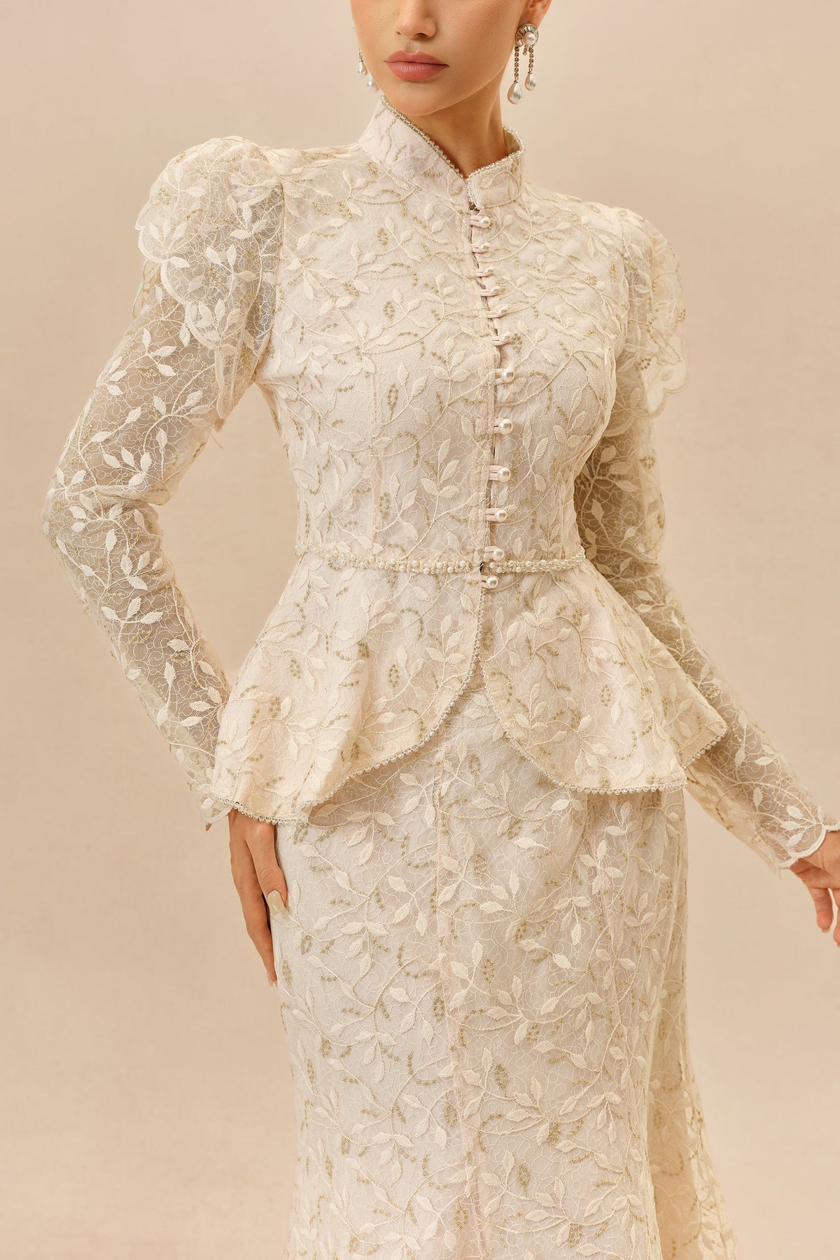 Apricot Lace Ruffle Peplum Long-Sleeve Top & Mermaid Maxi Skirt Set