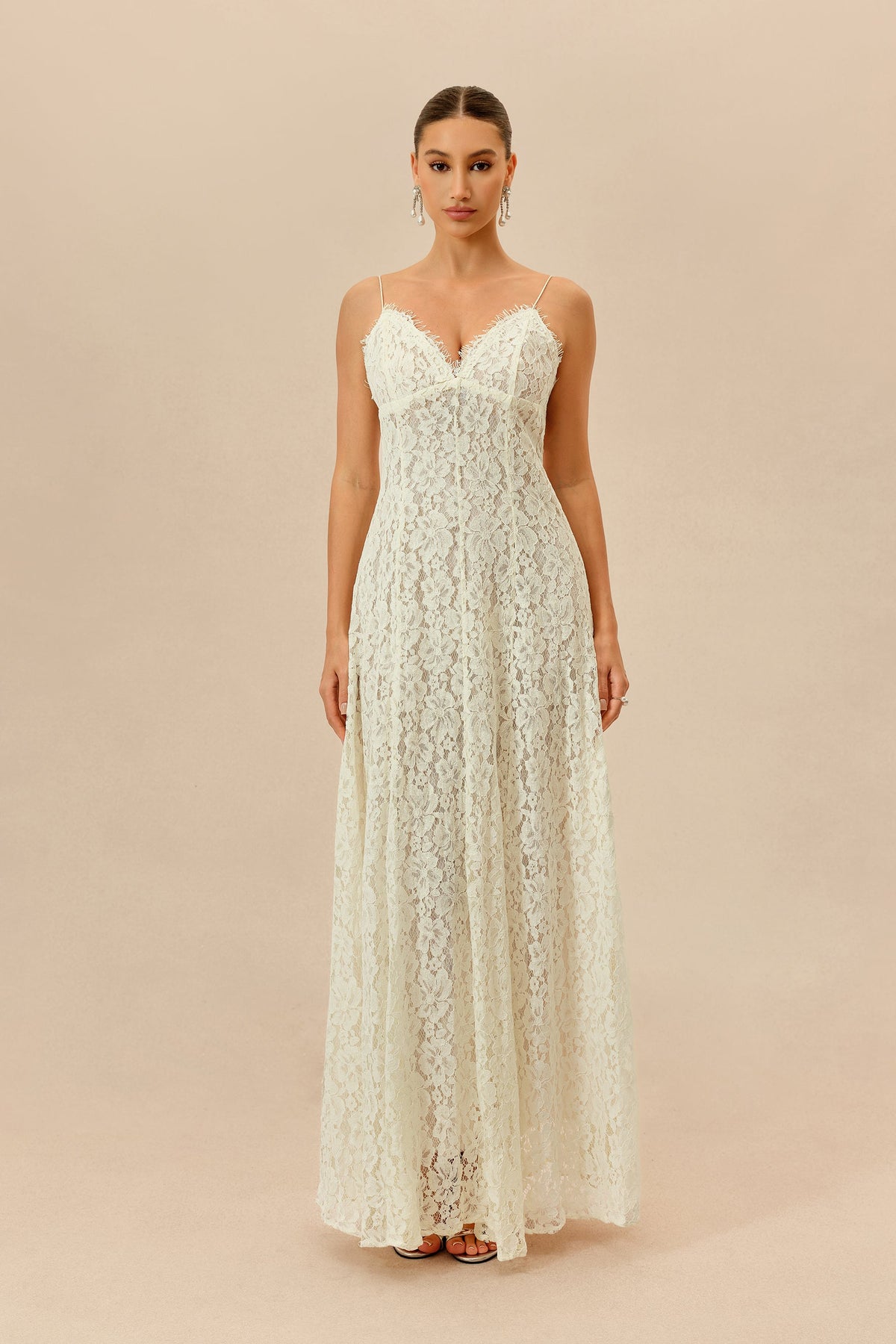 White Floral Lace V-Neck Spaghetti Straps Maxi Dress & Cape Set