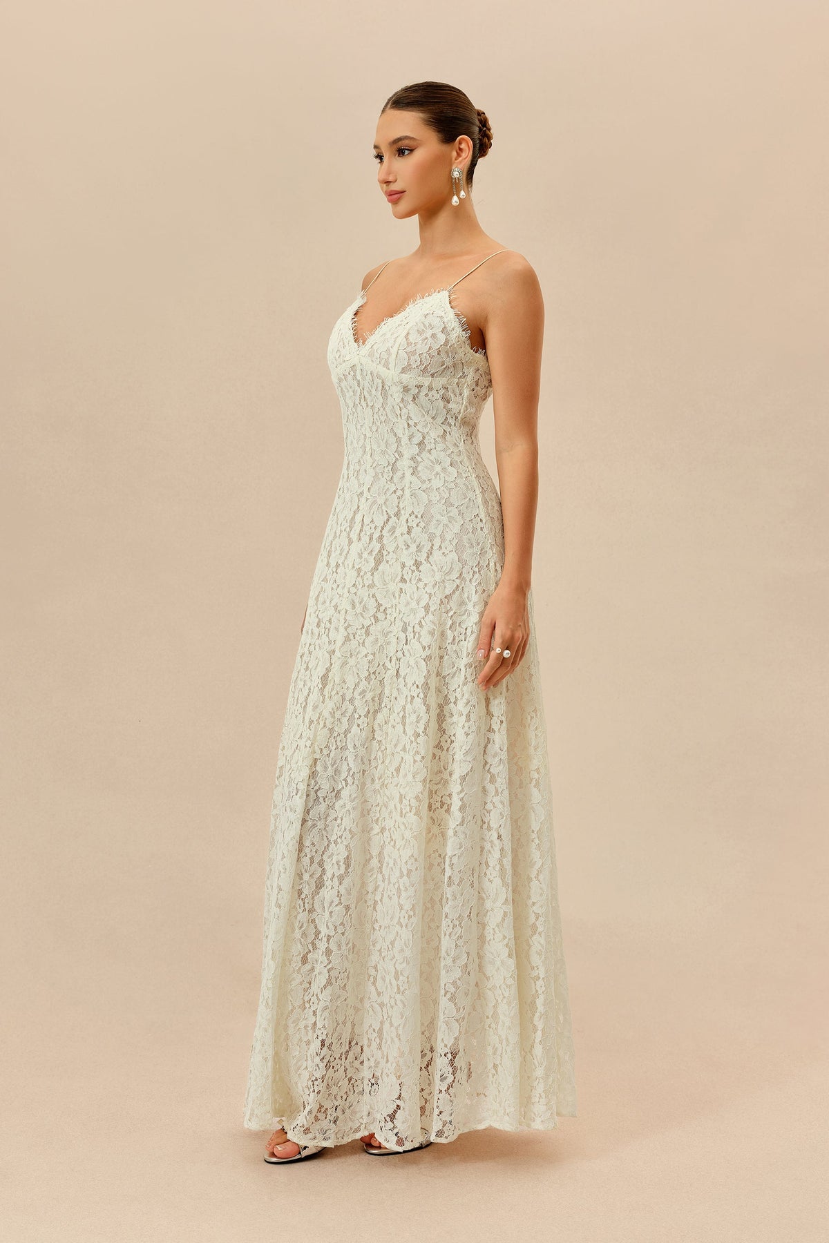 White Floral Lace V-Neck Spaghetti Straps Maxi Dress & Cape Set