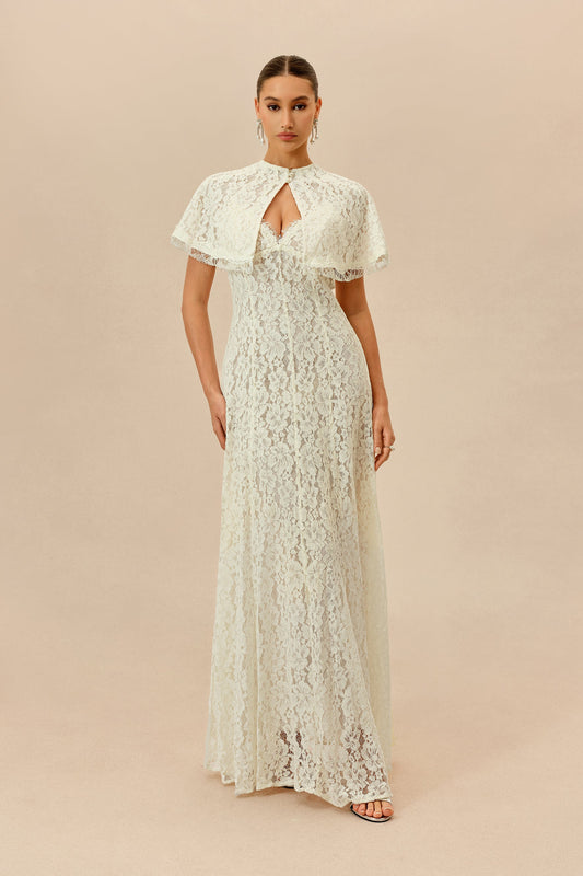 White Floral Lace V-Neck Spaghetti Straps Maxi Dress & Cape Set