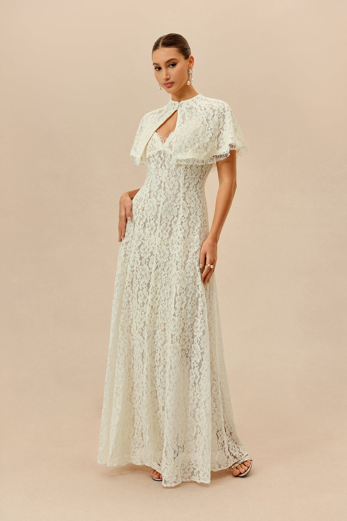 White Floral Lace V-Neck Spaghetti Straps Maxi Dress & Cape Set