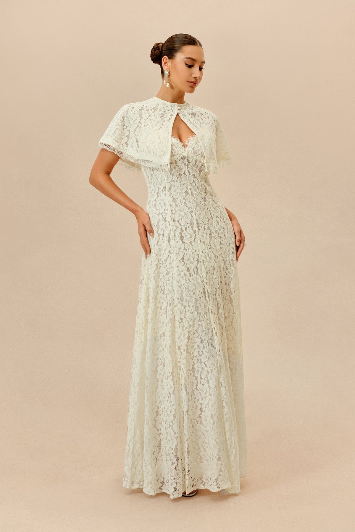 White Floral Lace V-Neck Spaghetti Straps Maxi Dress & Cape Set