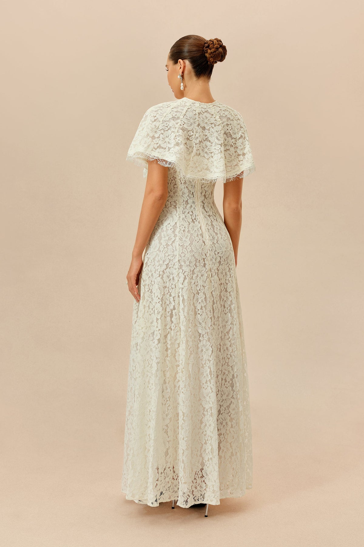 White Floral Lace V-Neck Spaghetti Straps Maxi Dress & Cape Set