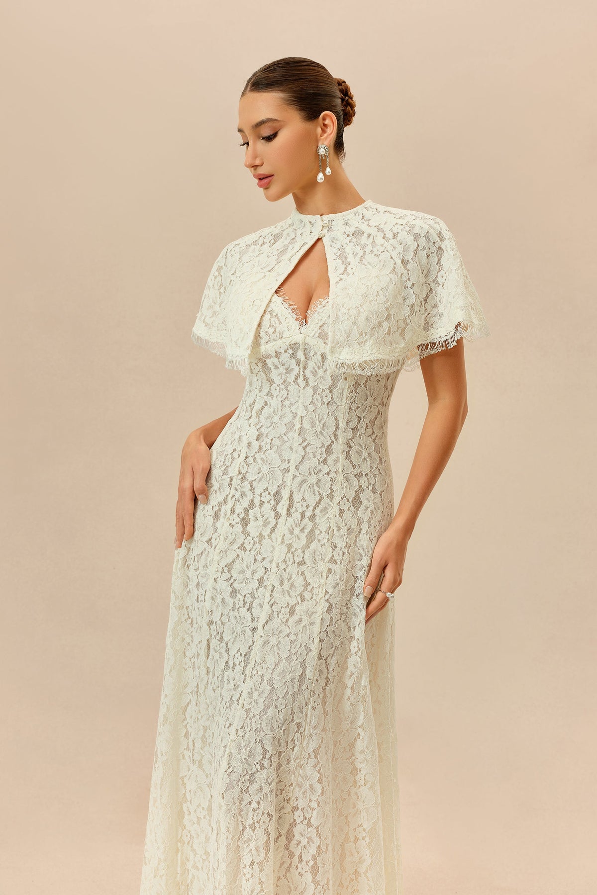 White Floral Lace V-Neck Spaghetti Straps Maxi Dress & Cape Set