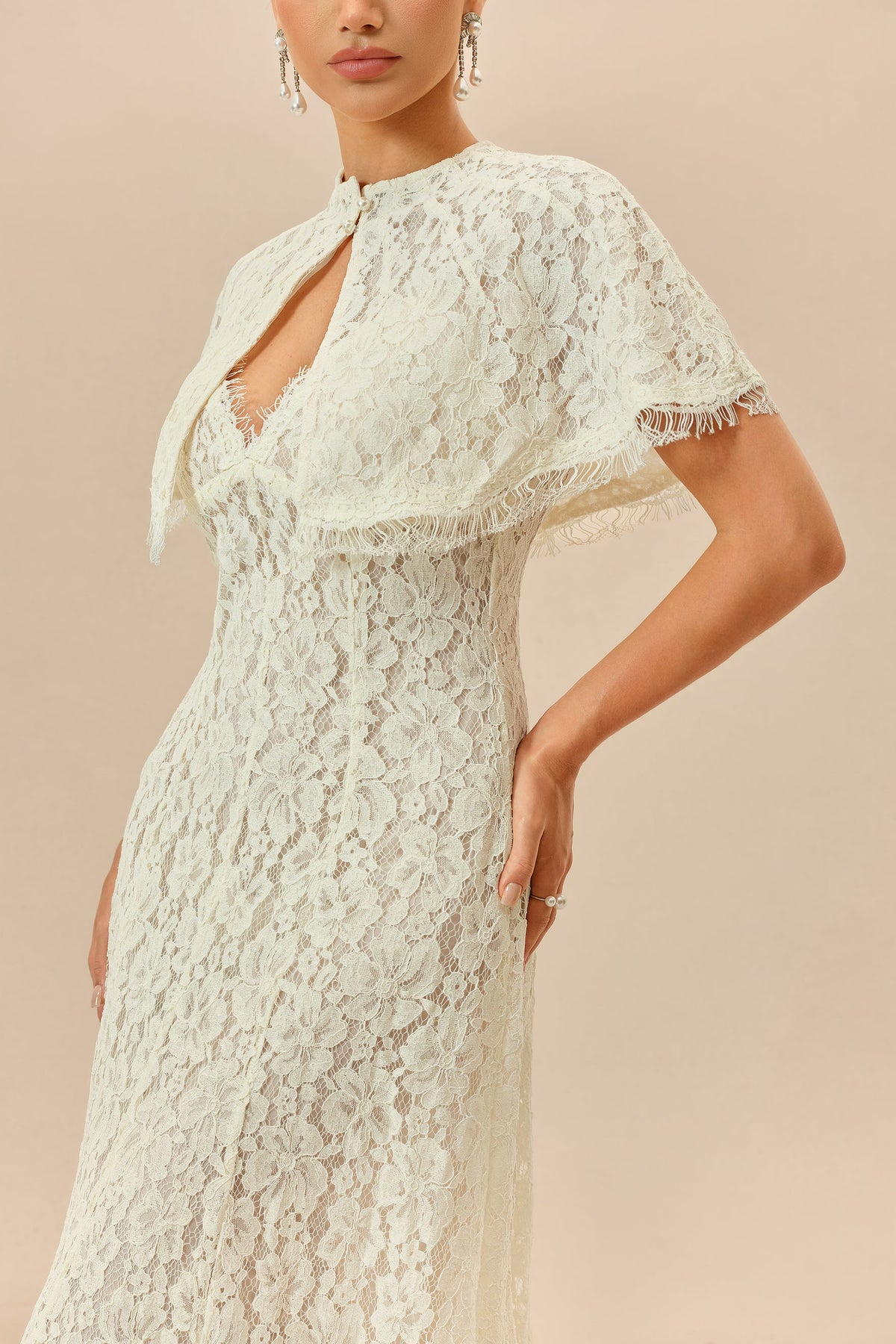 White Floral Lace V-Neck Spaghetti Straps Maxi Dress & Cape Set