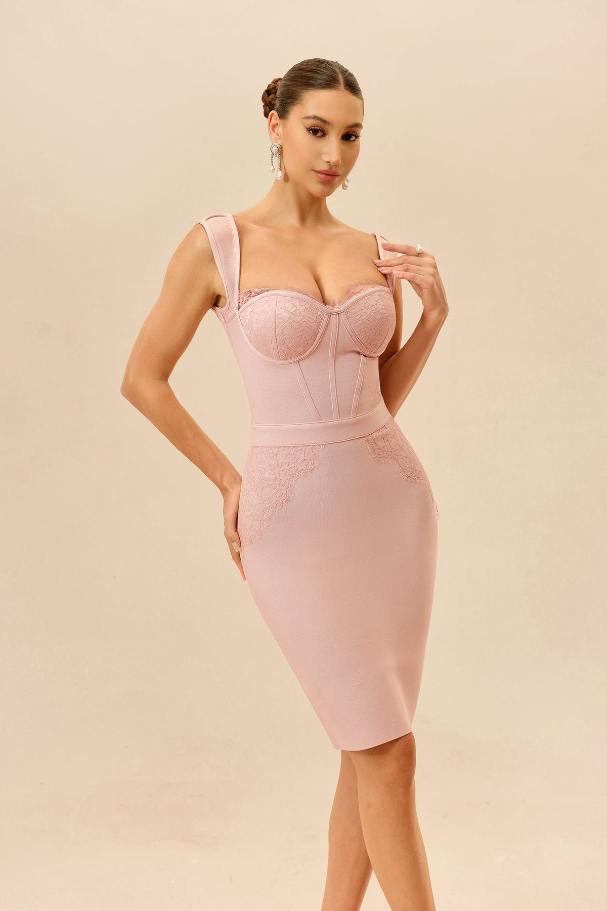 Blush Lace Corset Wide Strap Midi Dress