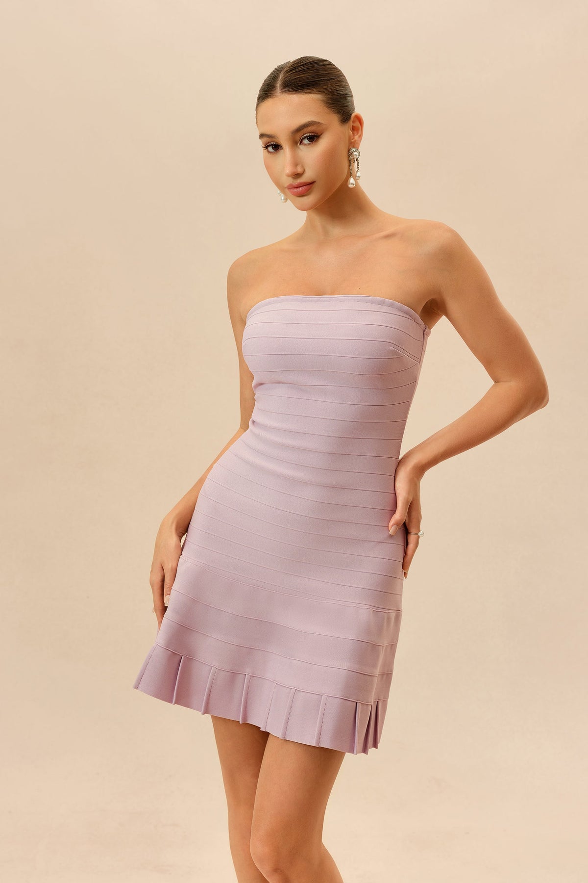 Pink Strapless Horizontal Banded Pleated Hem Party Mini Dress