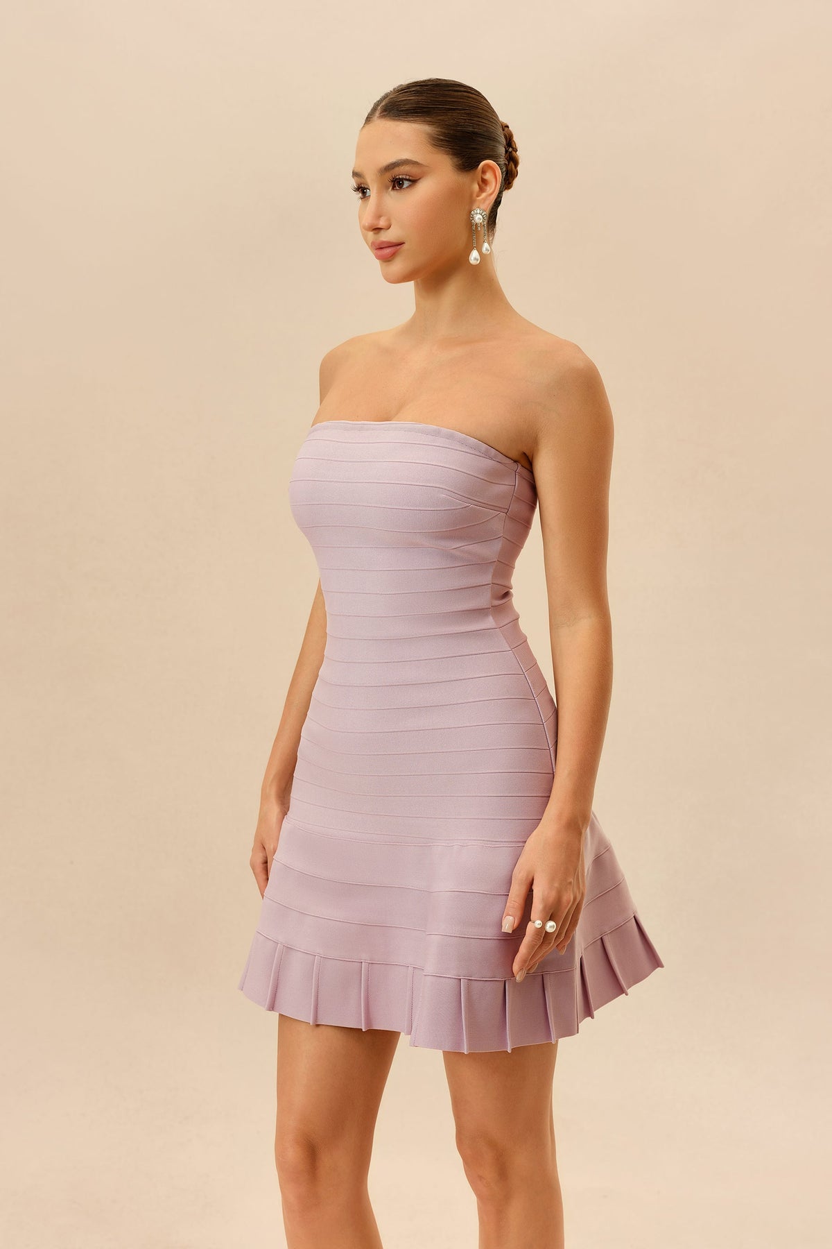 Pink Strapless Horizontal Banded Pleated Hem Party Mini Dress