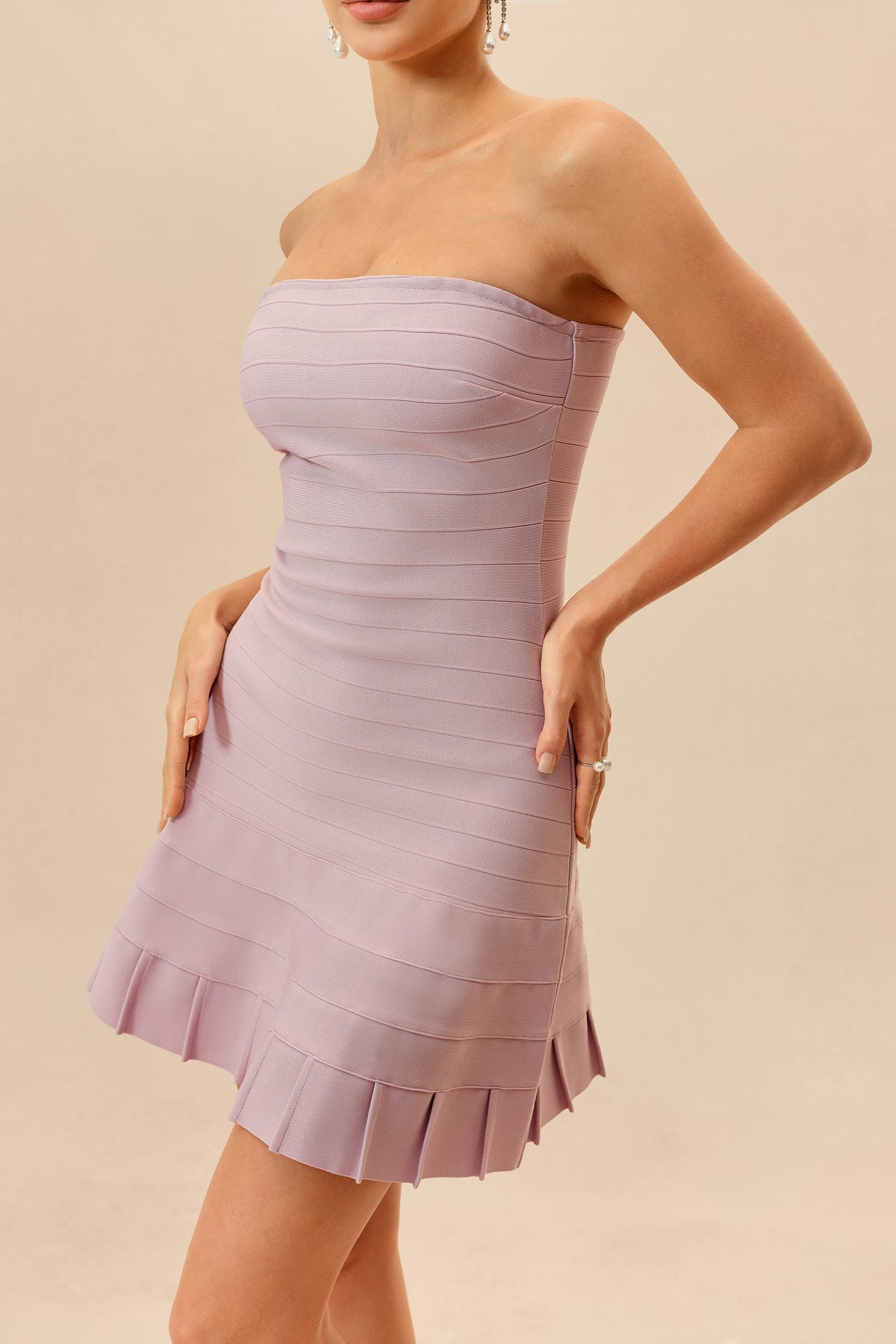 Pink Strapless Horizontal Banded Pleated Hem Party Mini Dress