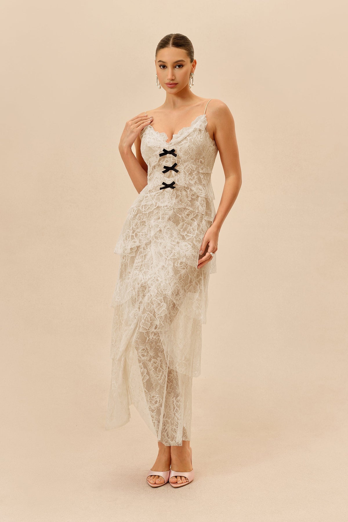 Apricot Floral Lace Tiered Ruffle Spaghetti-Strap Maxi Dress