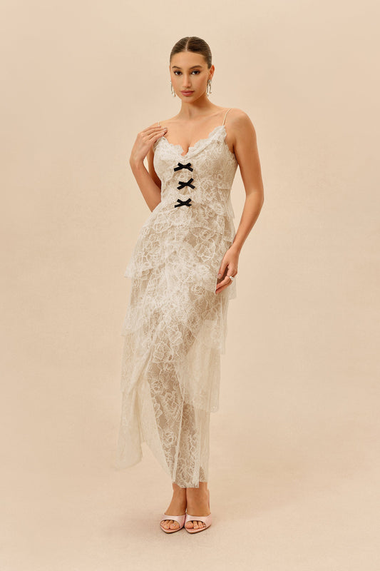 Apricot Floral Lace Tiered Ruffle Spaghetti-Strap Maxi Dress