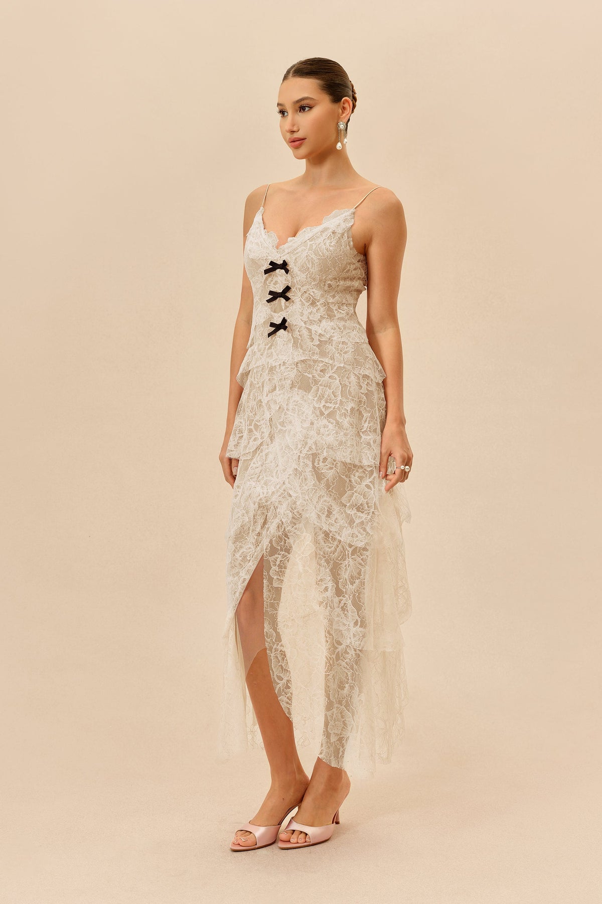 Apricot Floral Lace Tiered Ruffle Spaghetti-Strap Maxi Dress