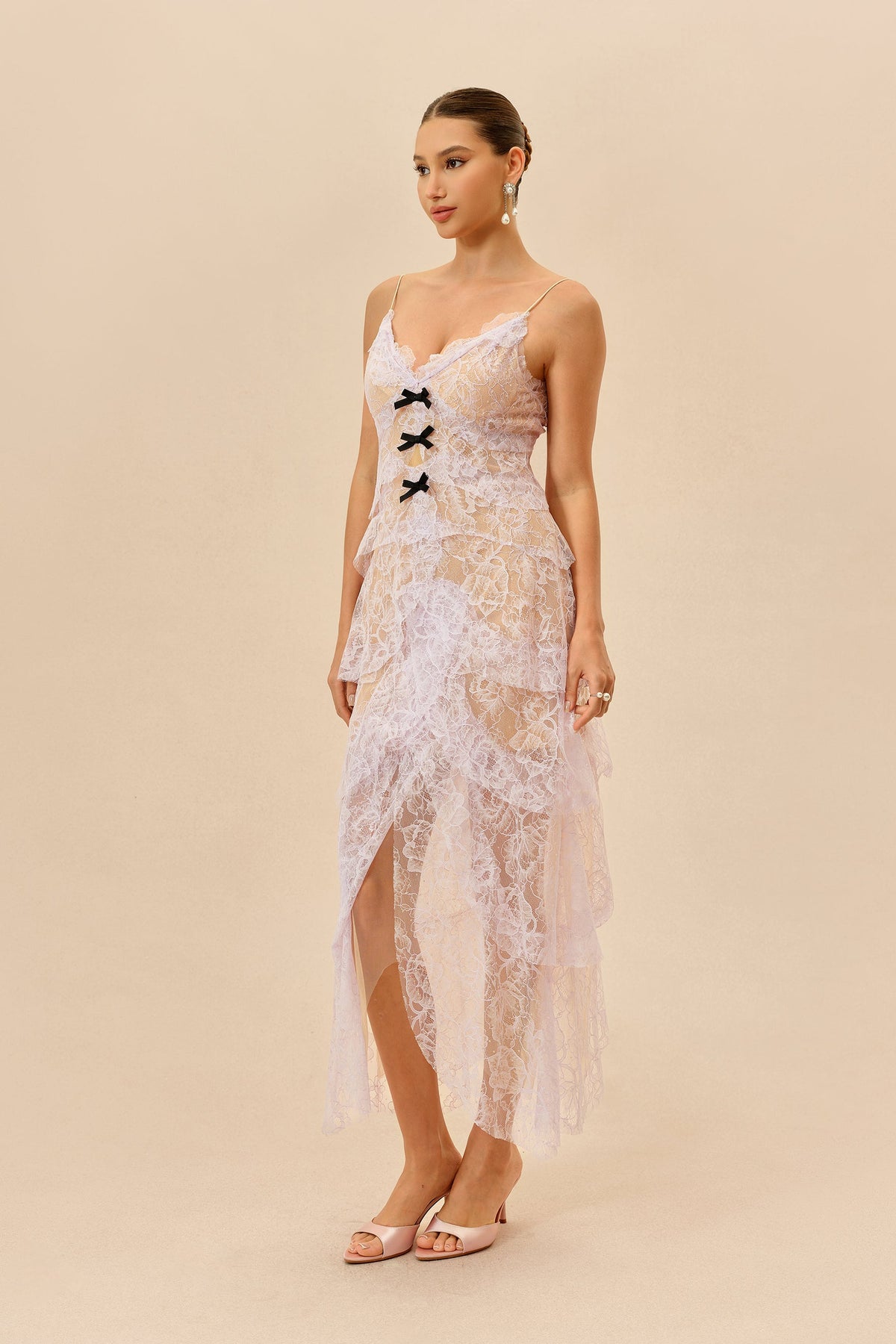 Viola Floral Lace Tiered Ruffle Black Bows Maxi Dress