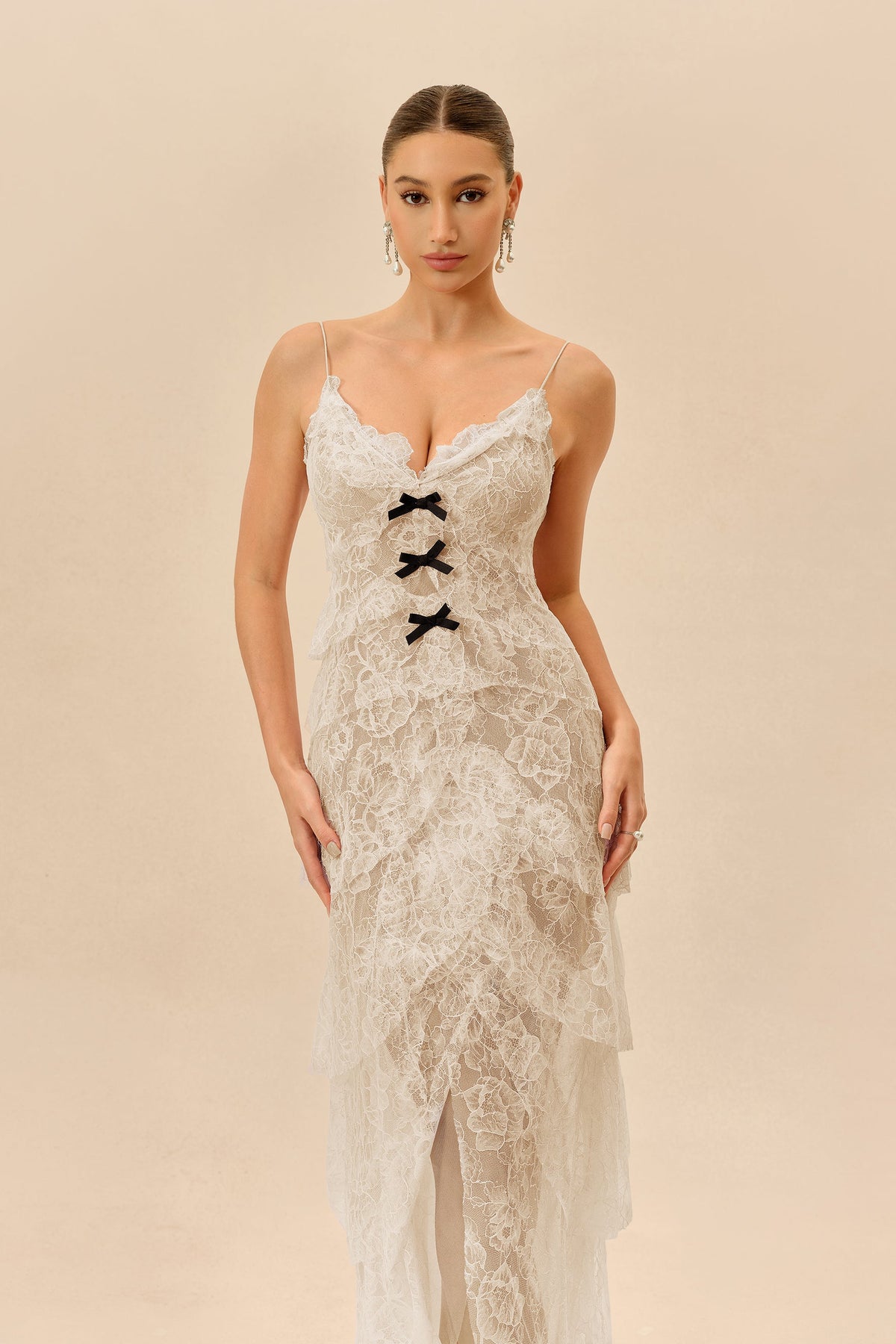 Apricot Floral Lace Tiered Ruffle Spaghetti-Strap Maxi Dress
