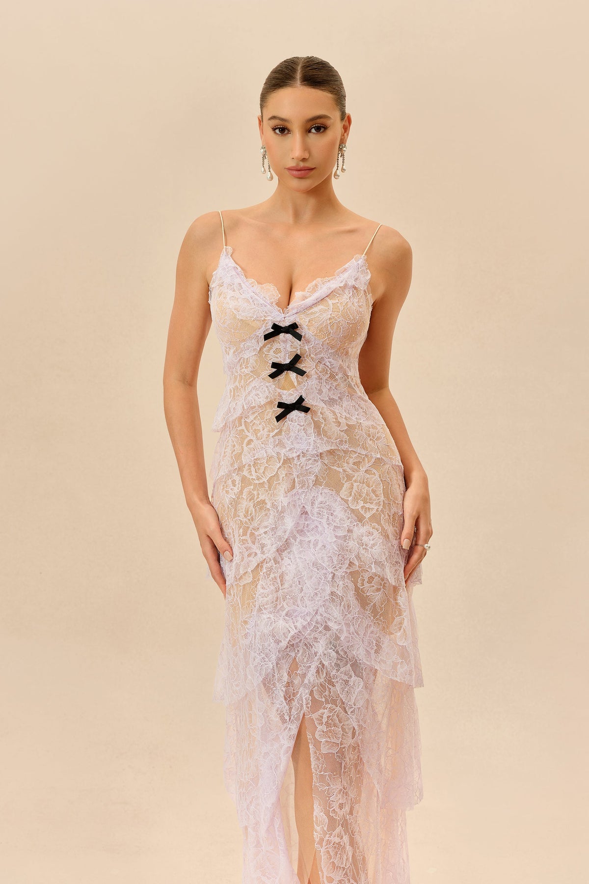 Viola Floral Lace Tiered Ruffle Black Bows Maxi Dress