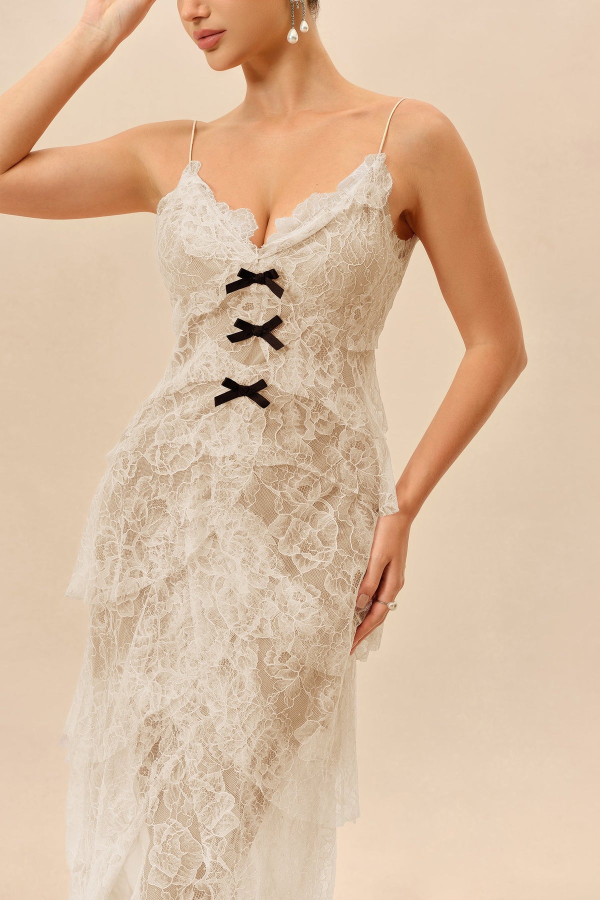 Apricot Floral Lace Tiered Ruffle Spaghetti-Strap Maxi Dress