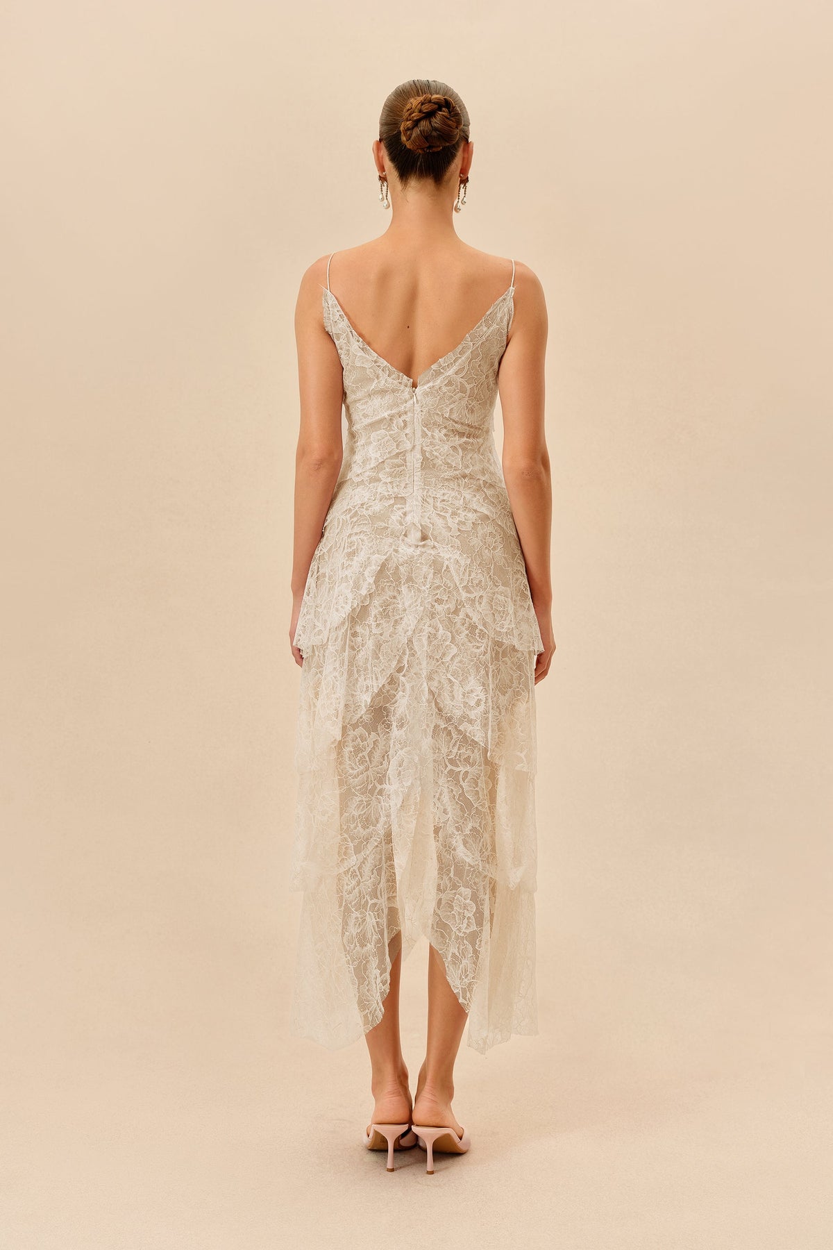 Apricot Floral Lace Tiered Ruffle Spaghetti-Strap Maxi Dress