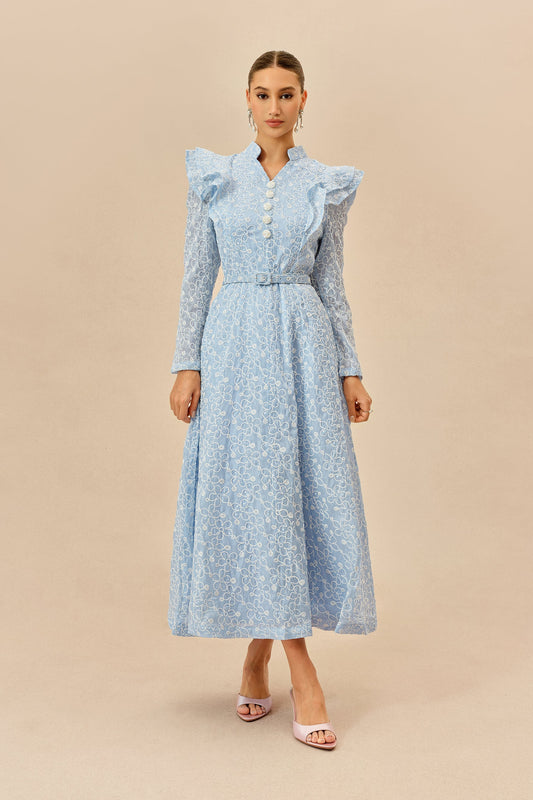 Blue Floral Embroidered Belted Ruffle Collar Maxi Dress