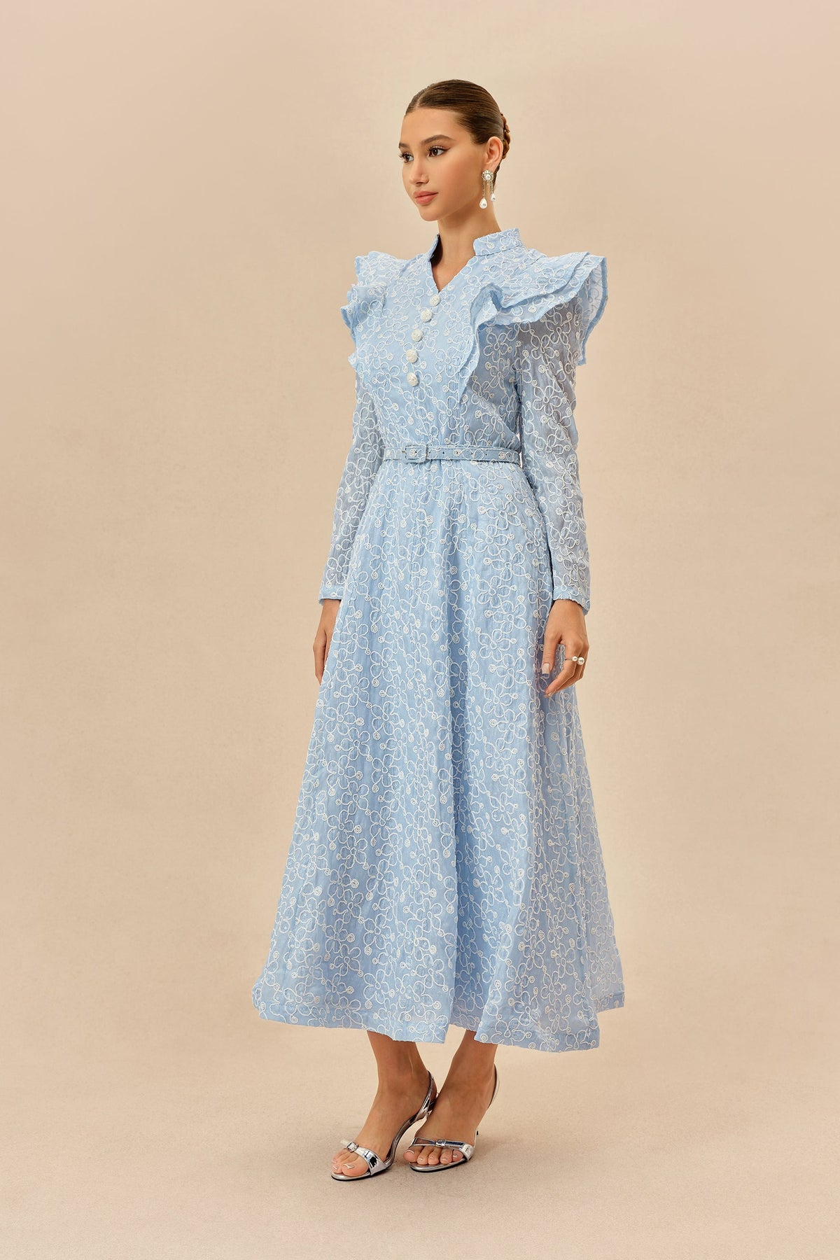 Blue Floral Embroidered Belted Ruffle Collar Maxi Dress