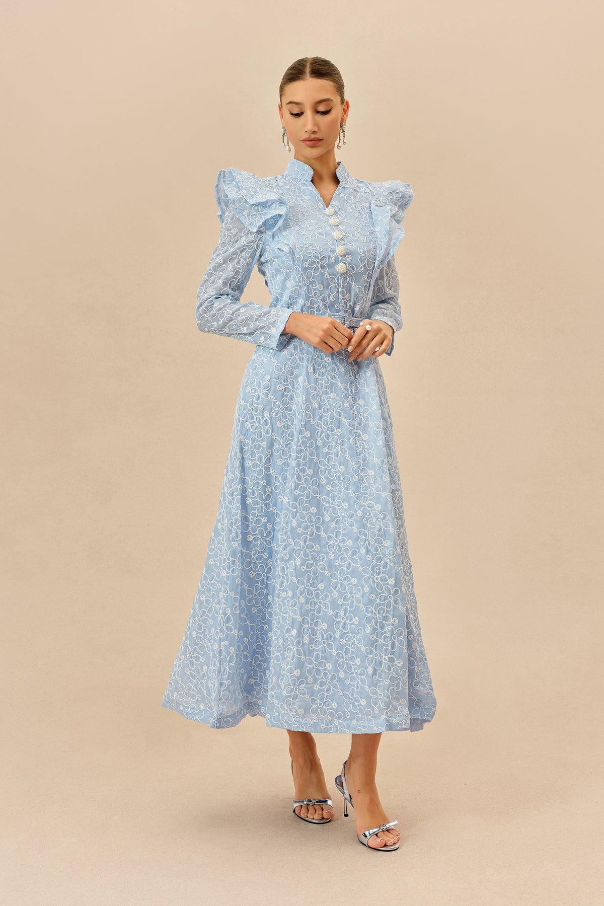 Blue Floral Embroidered Belted Ruffle Collar Maxi Dress